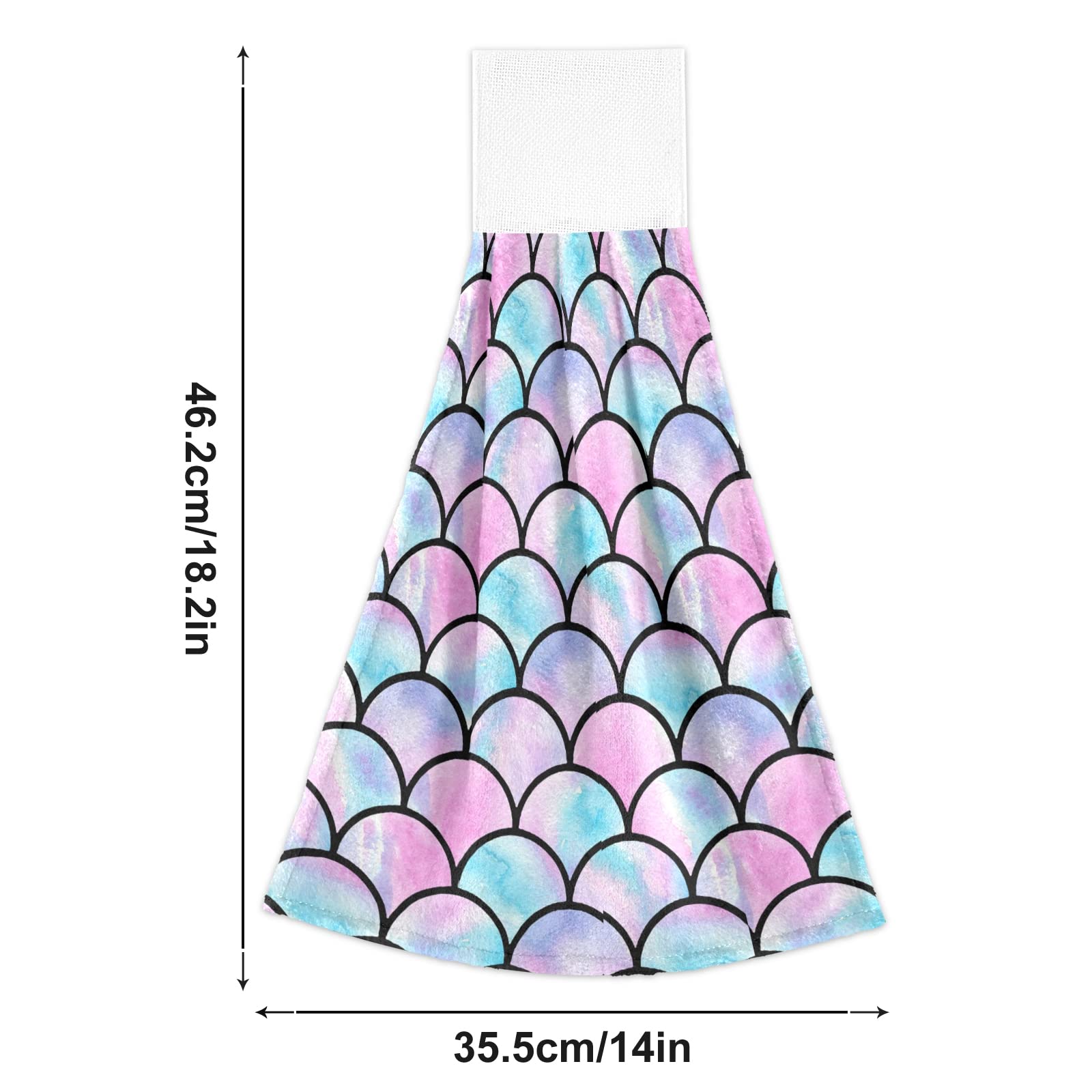 2 Pack Seamless Watercolor Lilac Mermaid Fish Scale Hanging Kitchen Hand Towels - Soft Face & Bath Towels, Fast Drying Cleaning Cloths with Hook & Loop for Home, Dishwashing & Bathroom Use