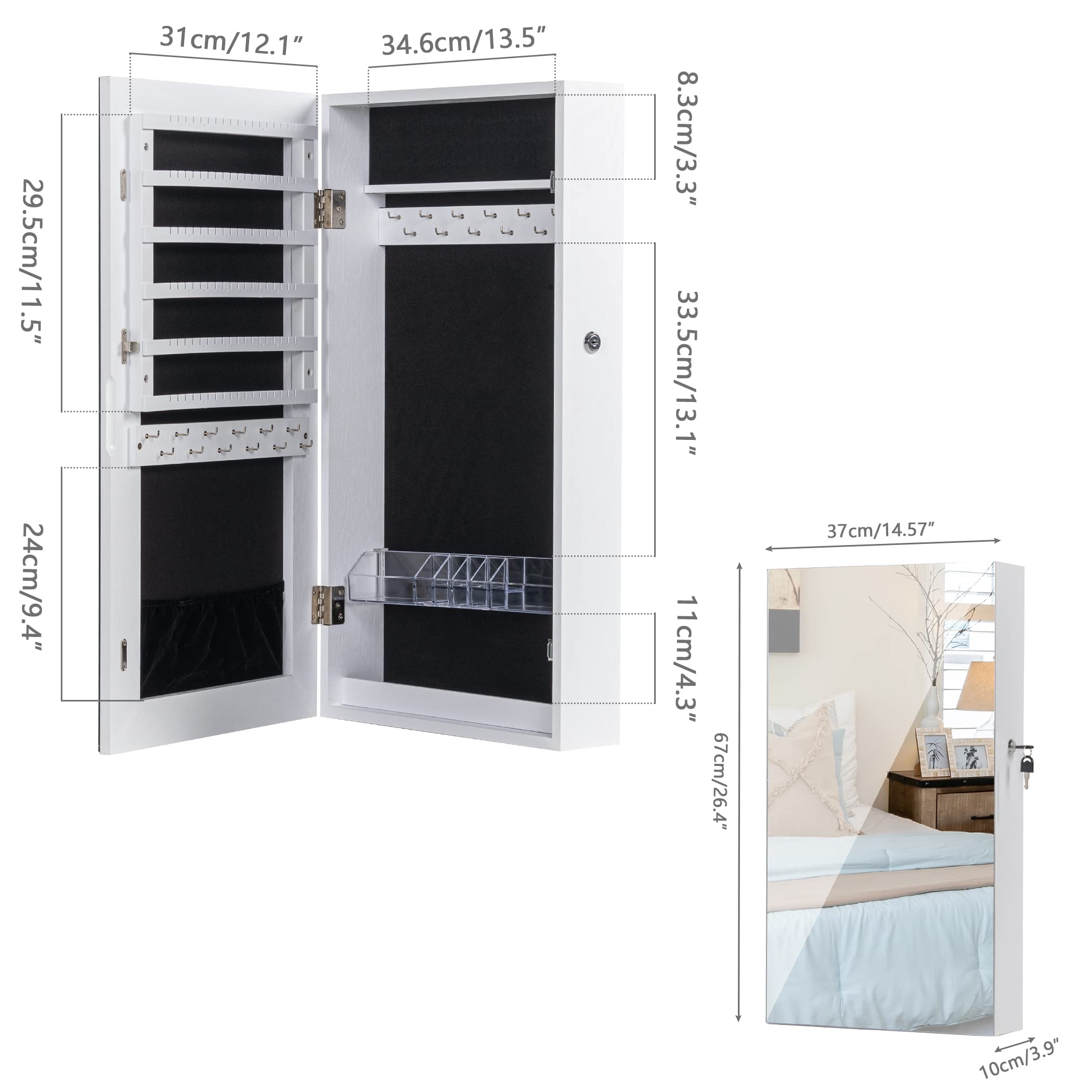 LAVIEVERT Lockable Jewelry Cabinet with Frameless Mirror - Wall/Door Mounted Space Saving Jewelry Organizer with Lipstick Compartments, White | Perfect for Bedroom, Closet & Dressing Room Organization