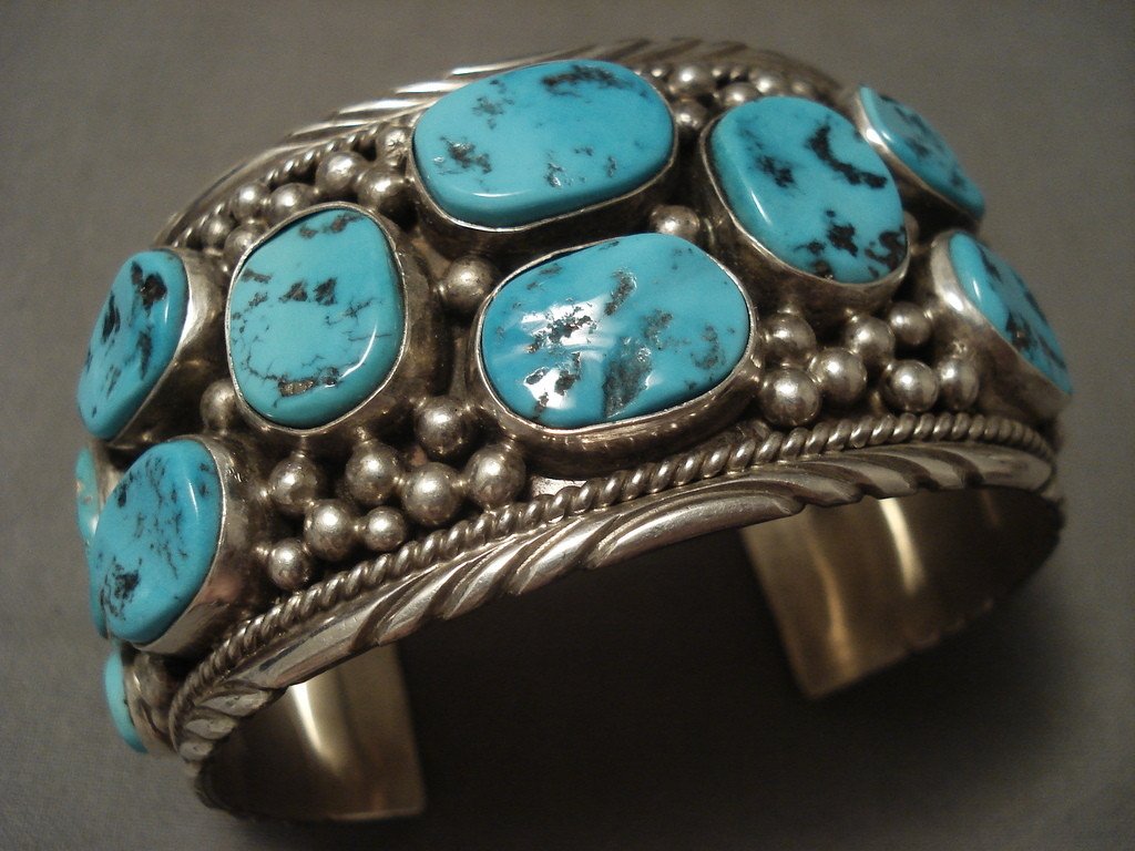 123 Gram Wide Natural Turquoise Vintage Navajo Native American Jewelry Sterling Silver Bracelet - Handmade Old Pawn Style for Boho Fashion & Southwest Style Outfits