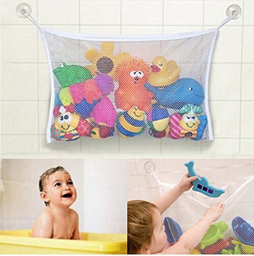 GlobalNiche® Dark Blue Foldable Mesh Storage Bags - Eco-Friendly Bath Toy Organizer with Suction Cups for Baby Bathroom, Kids Room & Travel | Space-Saving Laundry Hamper & Toy Net