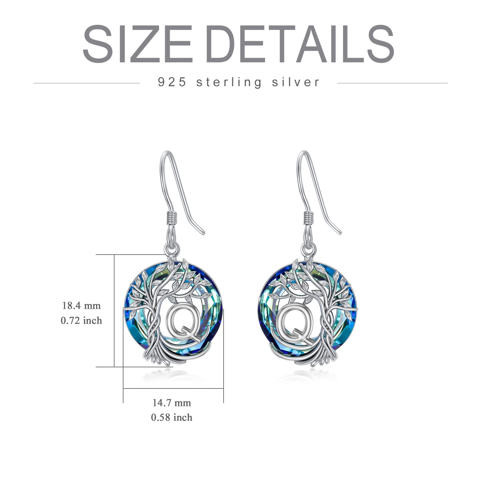 TOUPOP Tree of Life Initial Earrings - 925 Sterling Silver A-Z Letter Drop Dangle Earrings with Blue Circle Crystal | Valentine's Day, Anniversary & Birthday Gifts for Women, Girlfriend & Mom | Perfect for Romantic Occasions, Mother's Day & Special Celebrations