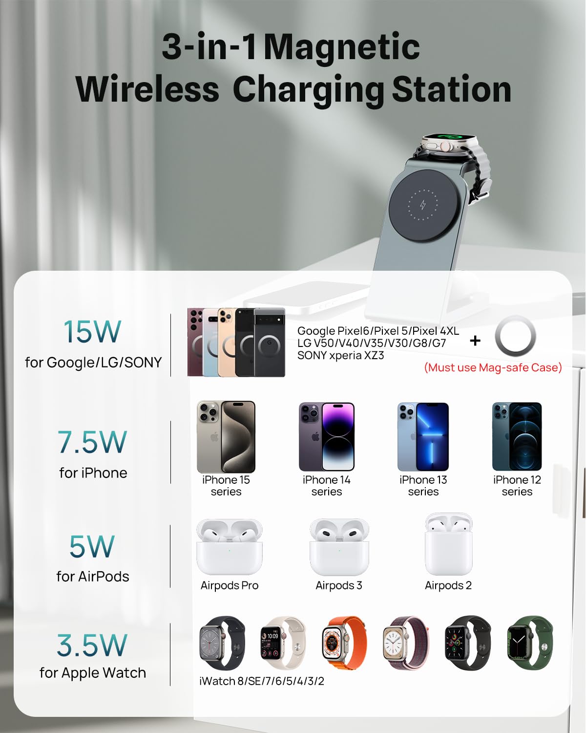 3-in-1 Magnetic Wireless Charging Station for iPhone 16/15/14/13/12, Apple Watch & AirPods - 15W Fast MagSafe Charger Stand | Perfect for Travel, Office & Nightstand Use