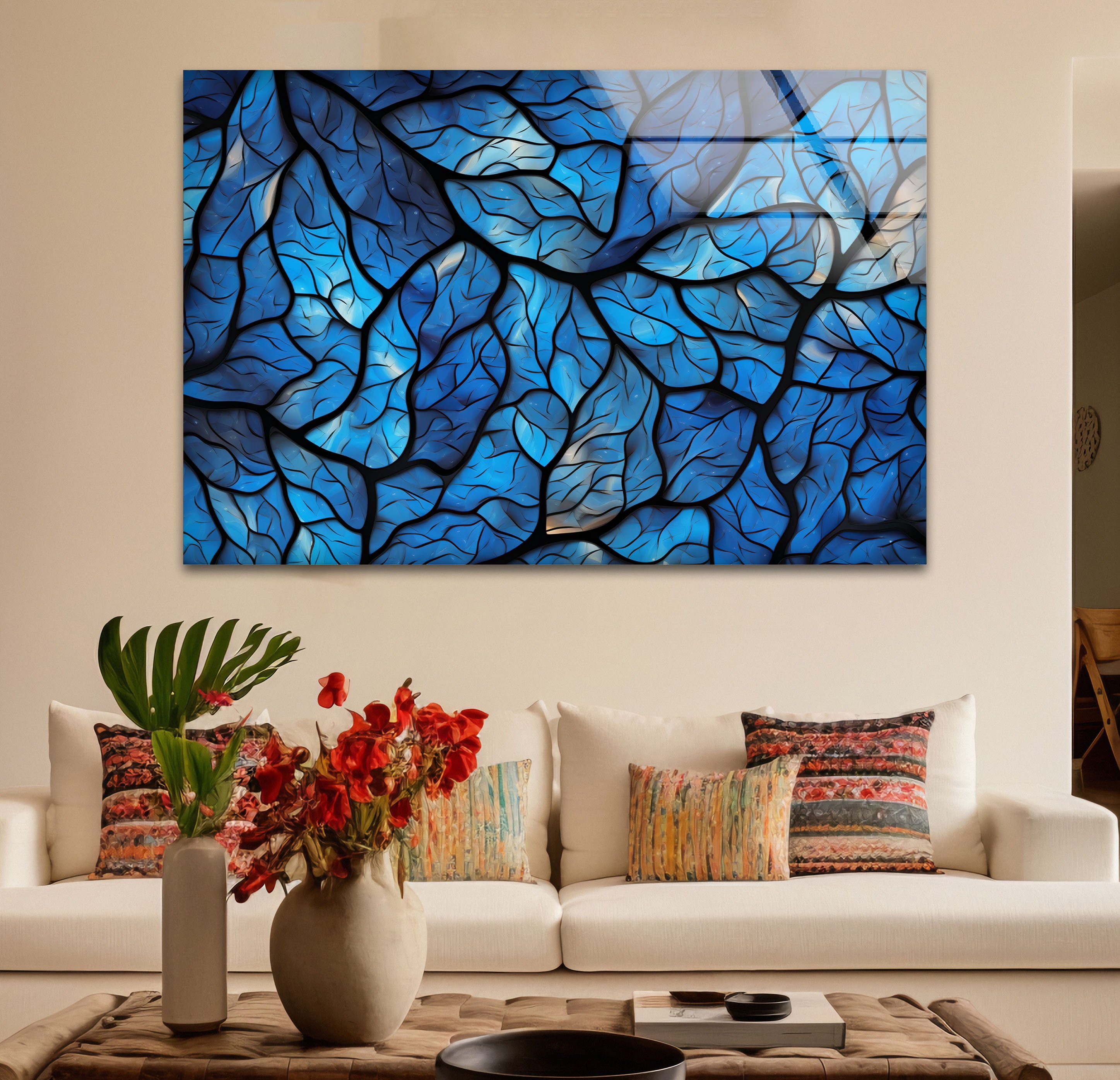 Blue Leaf Mosaic Wall Art - Abstract Nature Glass Print for Modern Home & Office Decor | Perfect for Living Room, Bedroom & Office Spaces