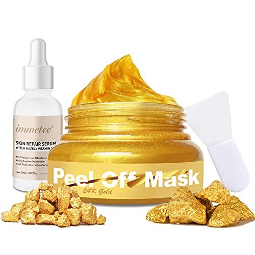 24K Gold Peel Off Face Mask - Blackhead Remover & Anti-Aging Treatment with Skin Care Serum & Brush (150g+20ml) | Reduces Fine Lines & Wrinkles | Perfect for Spa Night & At-Home Skincare Routine
