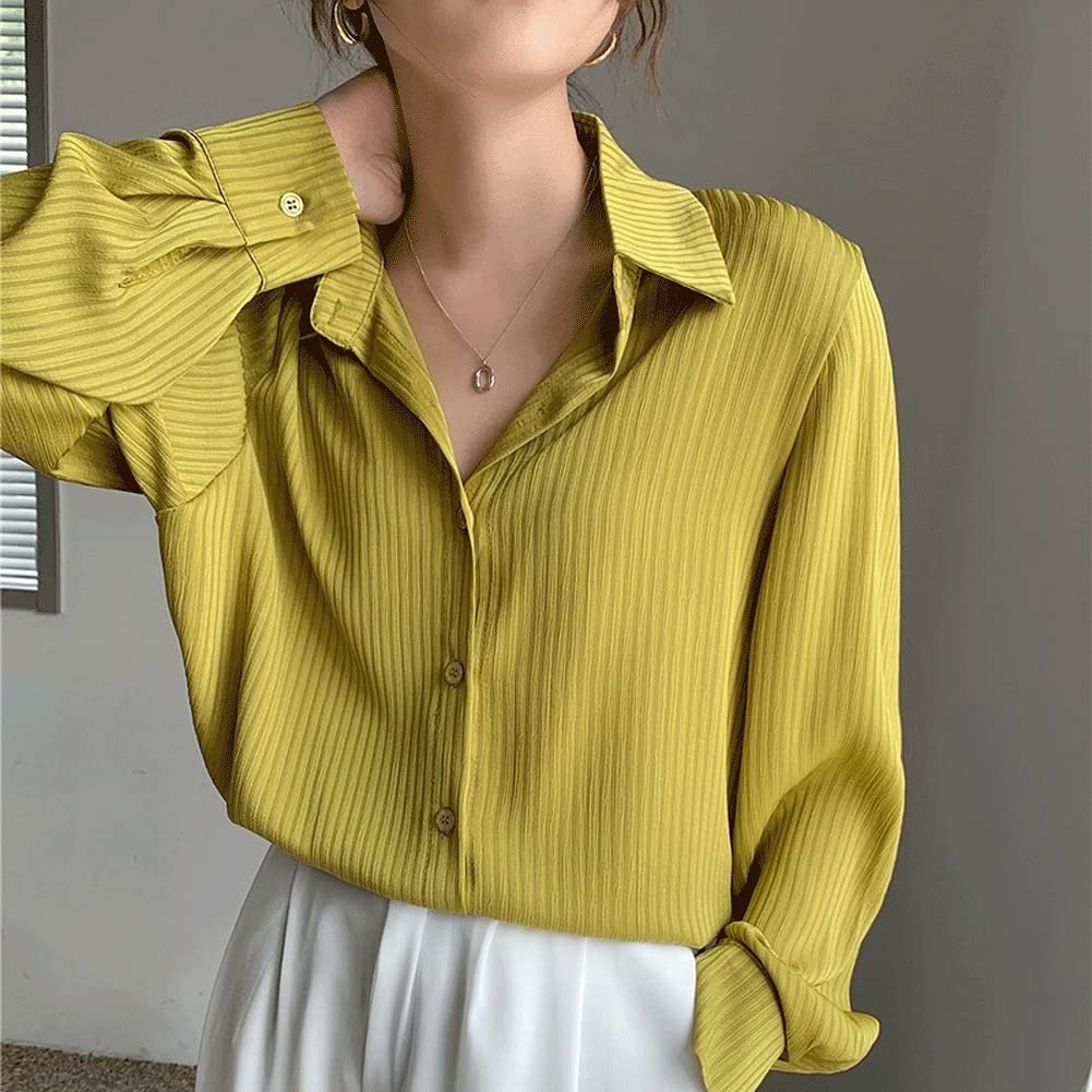 Vintage Striped Long Sleeve Loose Blouse for Women - Spring Fashion Plus Size White & Yellow Shirt (XL) - Perfect for Casual Outings, Office Wear & Boho Style Outfits