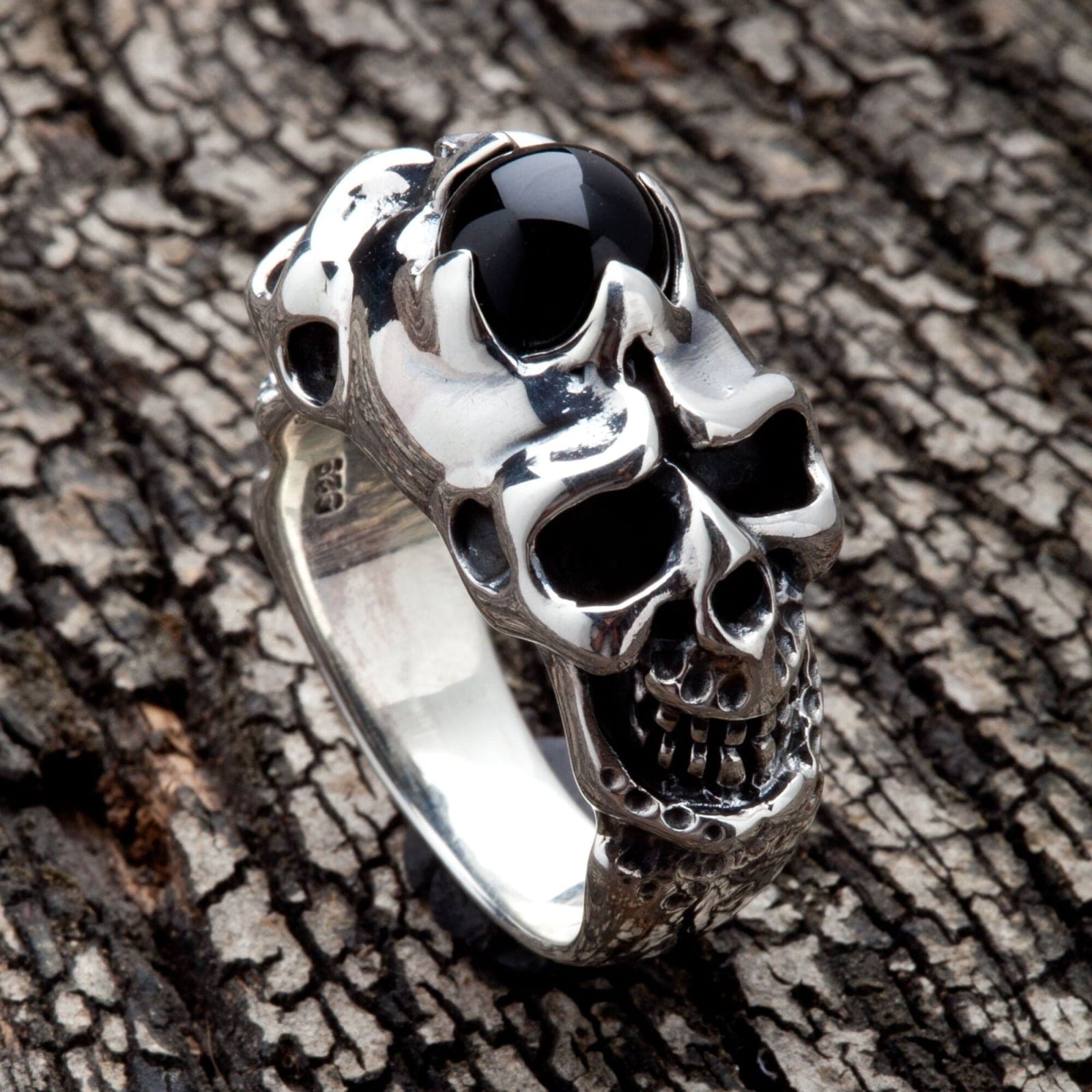 Onyx Devil Skull Biker Ring for Men - 925 Sterling Silver Gothic Punk Jewelry - Perfect for Motorcycle Riders, Rock Music Fans & Halloween Costume Accessories