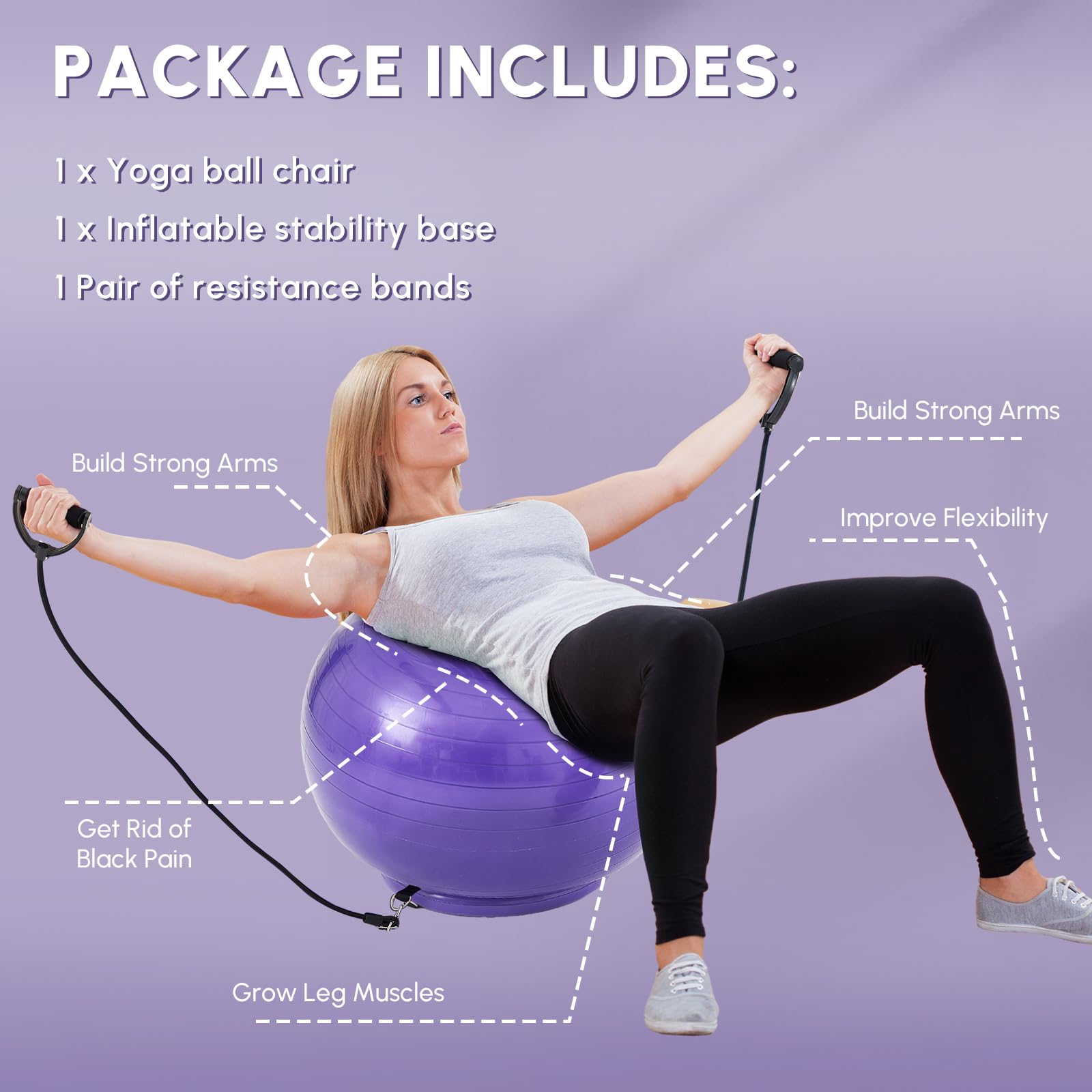 65cm Yoga Ball Chair with Inflatable Stability Base & Resistance Bands - Large Exercise Stability Ball for Home Workout, Office Desk Sitting, Gym Fitness - Relieves Back Pain & Improves Balance - Includes Air Pump - Perfect for Home Office, Yoga Practice & Core Strength Training