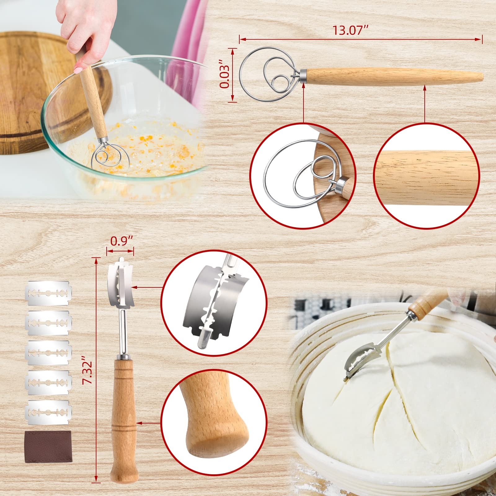 Banneton Bread Proofing Basket Set - 9'' Round, 10'' Oval & Baguette Cane Sourdough Proofing Baskets with Dough Whisk, Scrapers & Bread Lame - Complete Sourdough Bread Baking Kit for Artisan Bread Making at Home