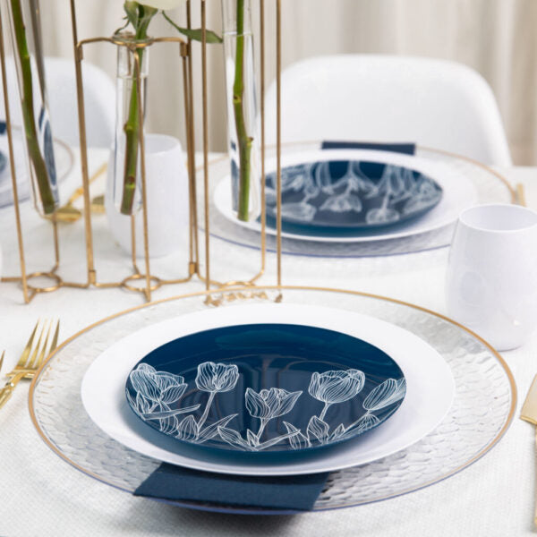 7.5 Inch Navy and White Round Tulip Plastic Plates - 10 Pack Organic Dinnerware Set for Parties, Picnics & Outdoor Dining - BPA-Free Disposable Plates for Birthday, Wedding & Holiday Celebrations