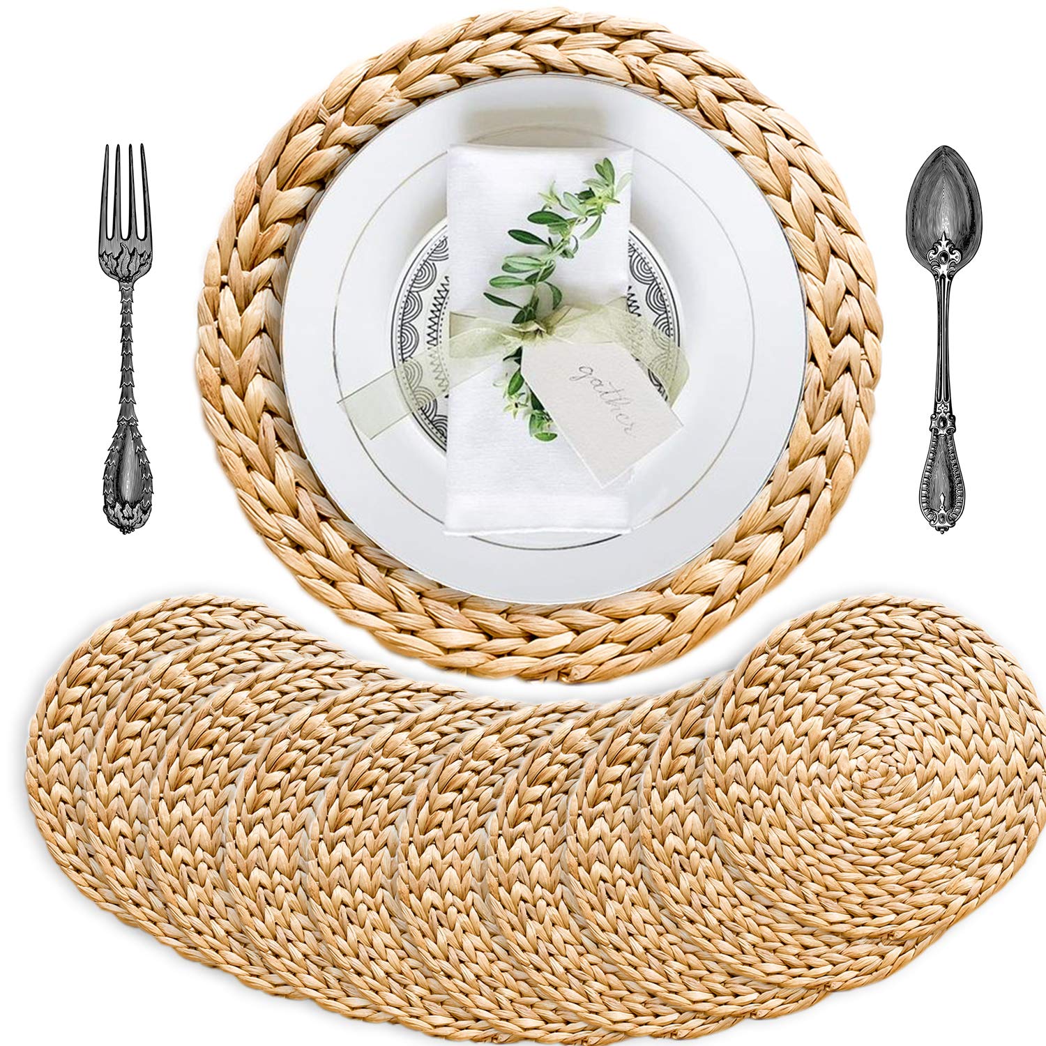 Boho Round Woven Placemats Set of 10 - 13.4 Inch Natural Water Hyacinth Wicker Straw Placemats for Dining Table - Perfect for Boho, Farmhouse & Coastal Home Decor, Indoor and Outdoor Use