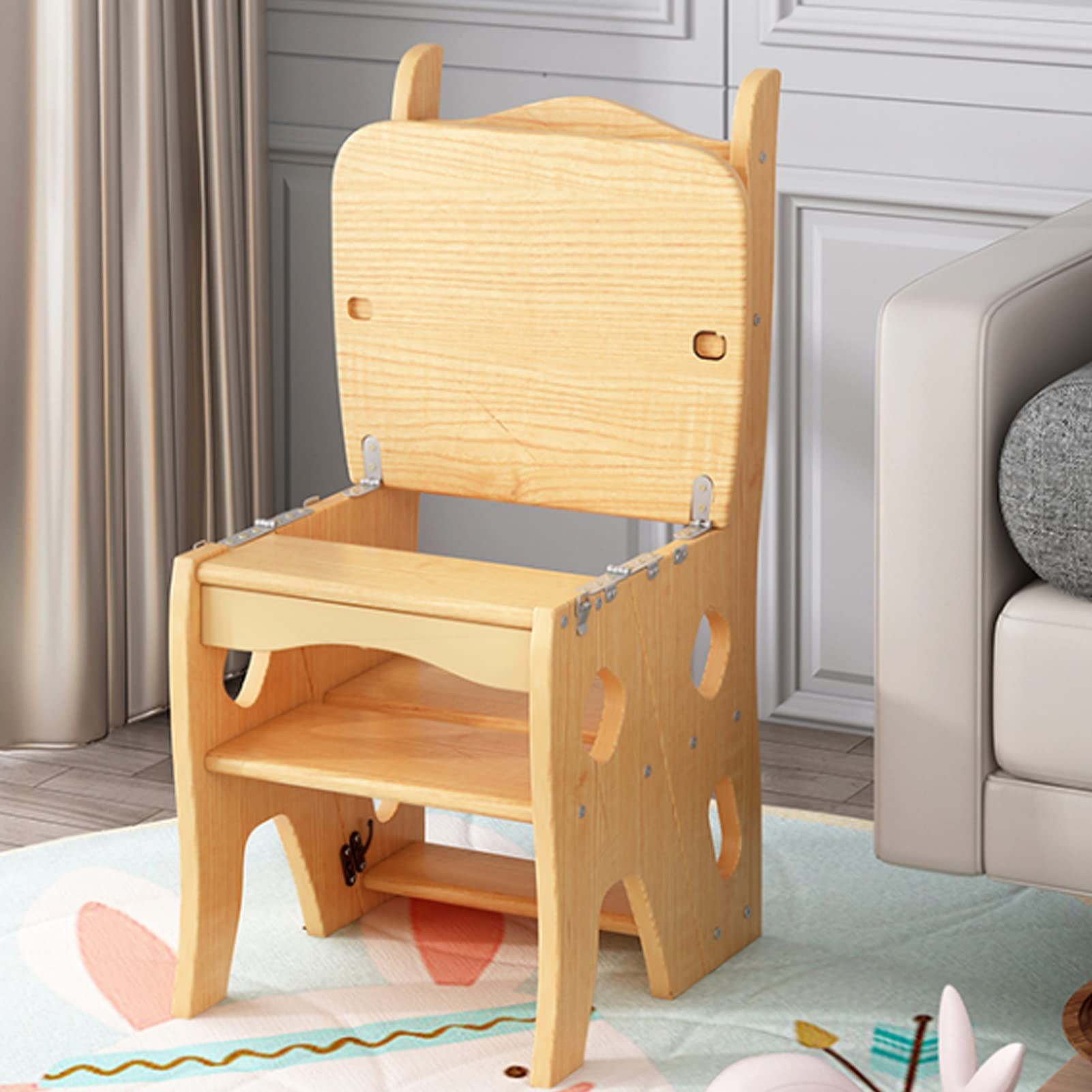 4-Step Wooden Step Stool Ladder with Foldable Design - Multifunctional Convertible Chair for Library, Shelf, and Storage - Perfect for Home, Office, and Kids' Use