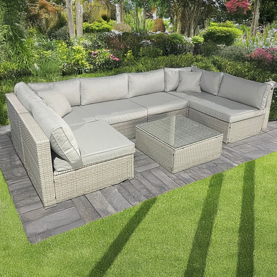 Luxury 6-Piece U-Shaped Rattan Garden Furniture Set in Grey & Beige - Outdoor Patio, Poolside, or Backyard Relaxation