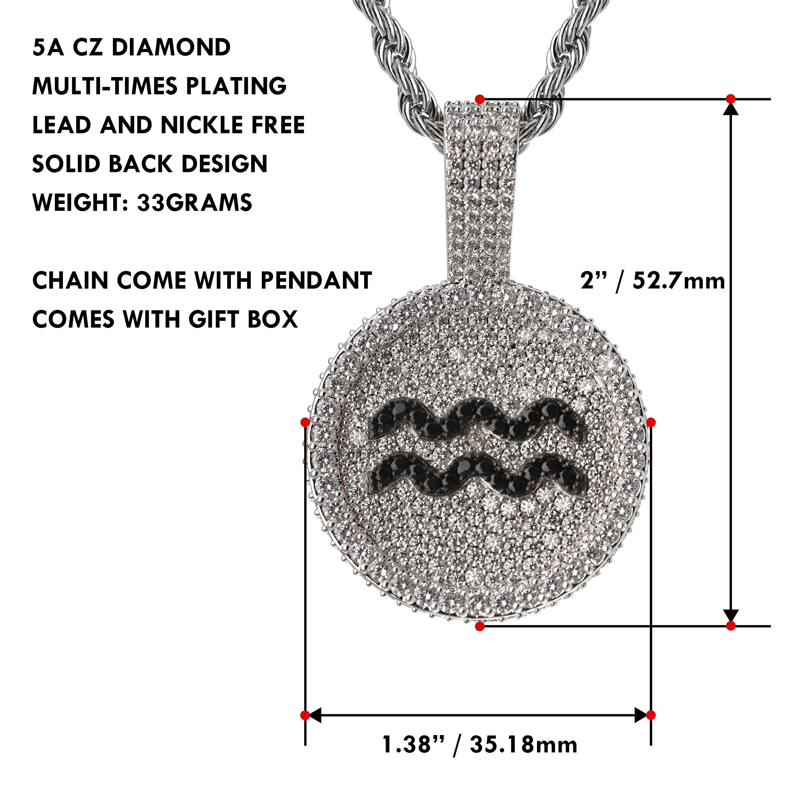 14K White Gold Plated Zodiac Constellation Pendant Necklace - Iced Out Hip Hop Dog Tag Jewelry for Men & Women | Perfect Birthday, Thanksgiving Gift & Everyday Fashion Statement