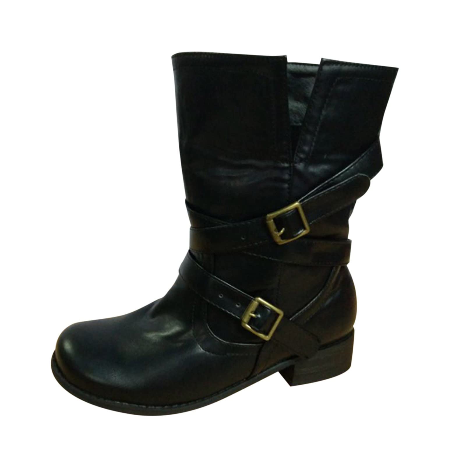 Women's Chunky Heel Round Toe Ankle Boots with Buckle Belt - Stylish Knight Boots for Casual Outfits & Winter Fashion