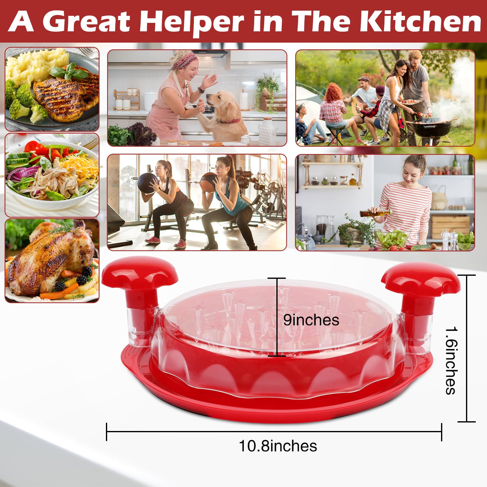 Manual Chicken Shredder Tool - Anti-Slip Meat Grinder with Transparent Lid & Tray Spacer | Ergonomic Handle, Dishwasher Safe, BPA-Free (Red) | Perfect for Pulled Chicken, Tacos, Sandwiches & Meal Prep