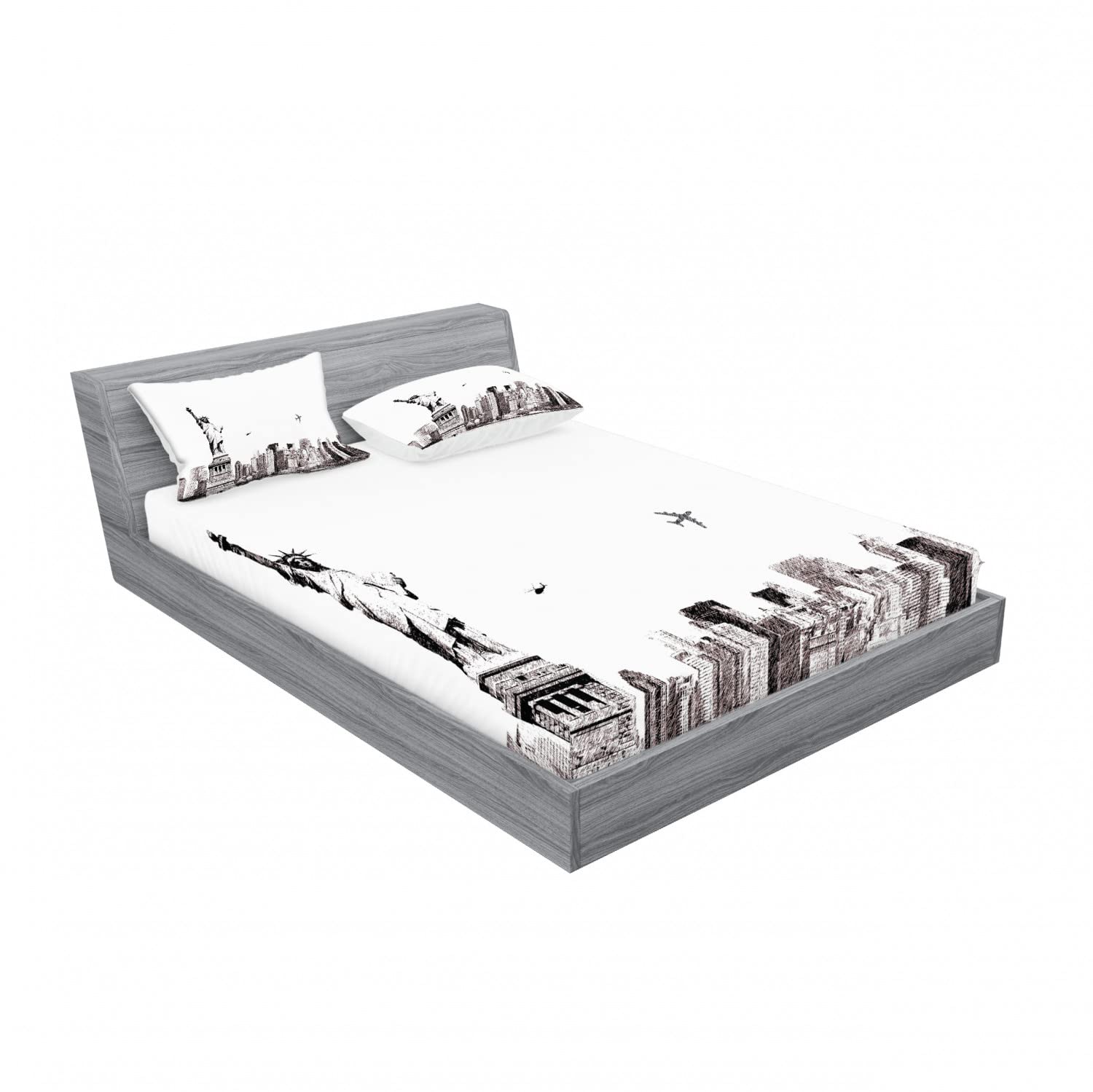 Ambesonne 2-Pack Queen Size Fitted Sheet & Pillow Sham Set - New York Cityscape Design, 4-Piece Bedding Set in White & Grey | Perfect for Urban Decor, Guest Rooms & Apartment Styling