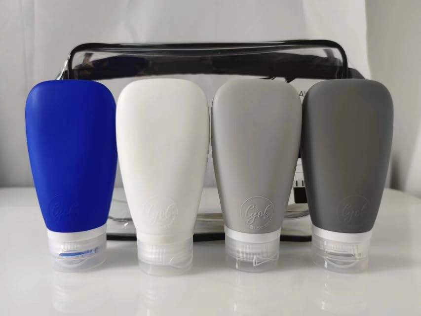 3oz Leakproof Silicone Travel Bottles Set - TSA Approved Refillable Toiletries Containers for Shampoo, Lotion & Cosmetics (Black, Blue, White, Gray with Travel Pouch) - Perfect for Airplane Carry-On, Gym Bag & Vacation Essentials