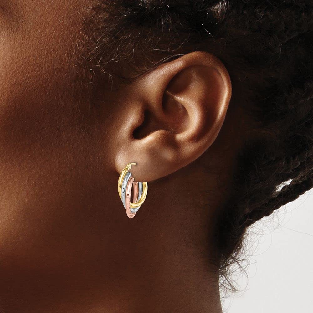 10K Yellow, White & Rose Gold Triple Hoop Earrings for Women - Diamond-Cut Design - Perfect for Parties, Weddings & Everyday Wear