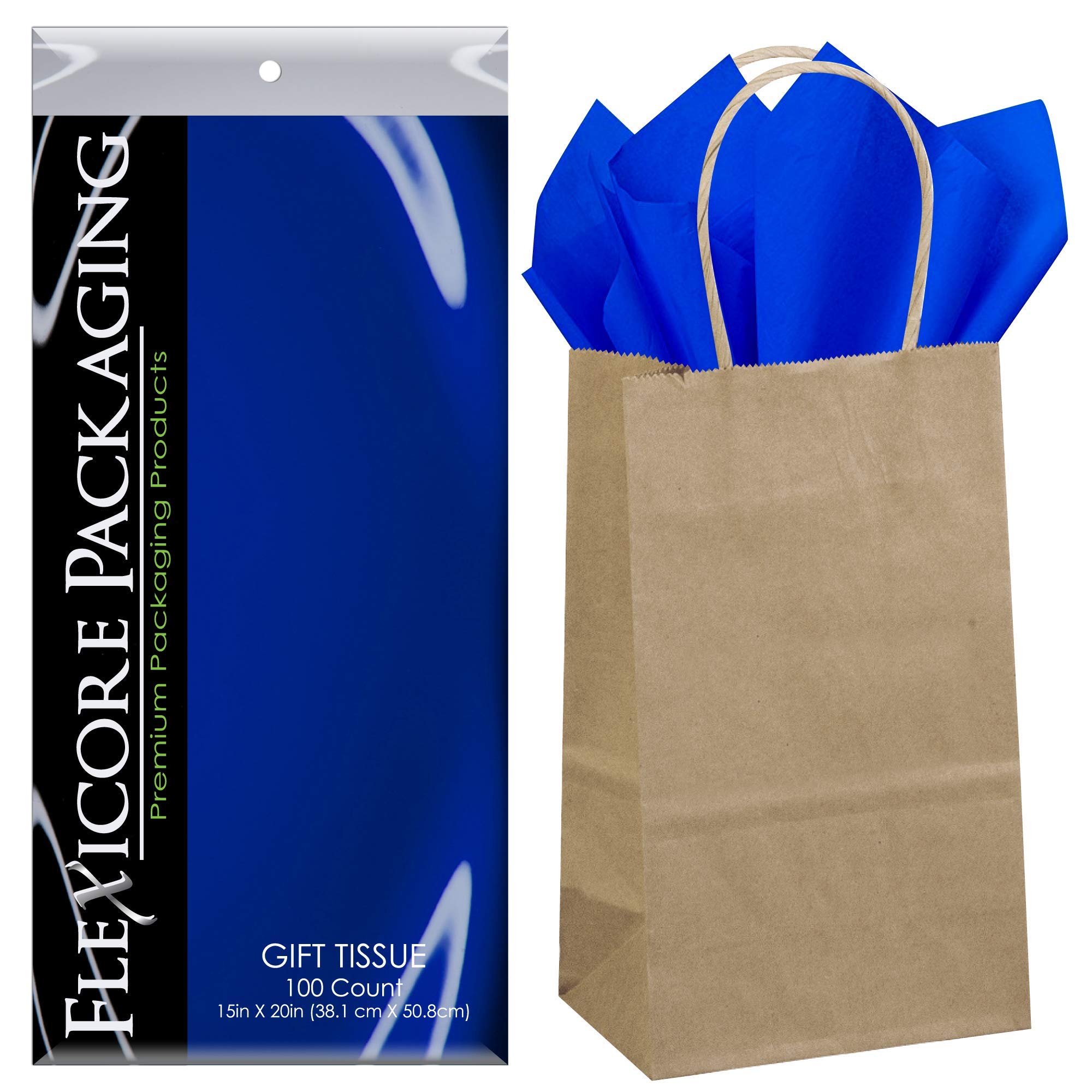 Flexicore Packaging® 50-Pack Eco-Friendly Brown Kraft Paper Gift Bags & 100-Sheet Royal Blue Tissue Paper Set - Perfect for Birthday, Wedding, Baby Shower Gifts & Party Favors