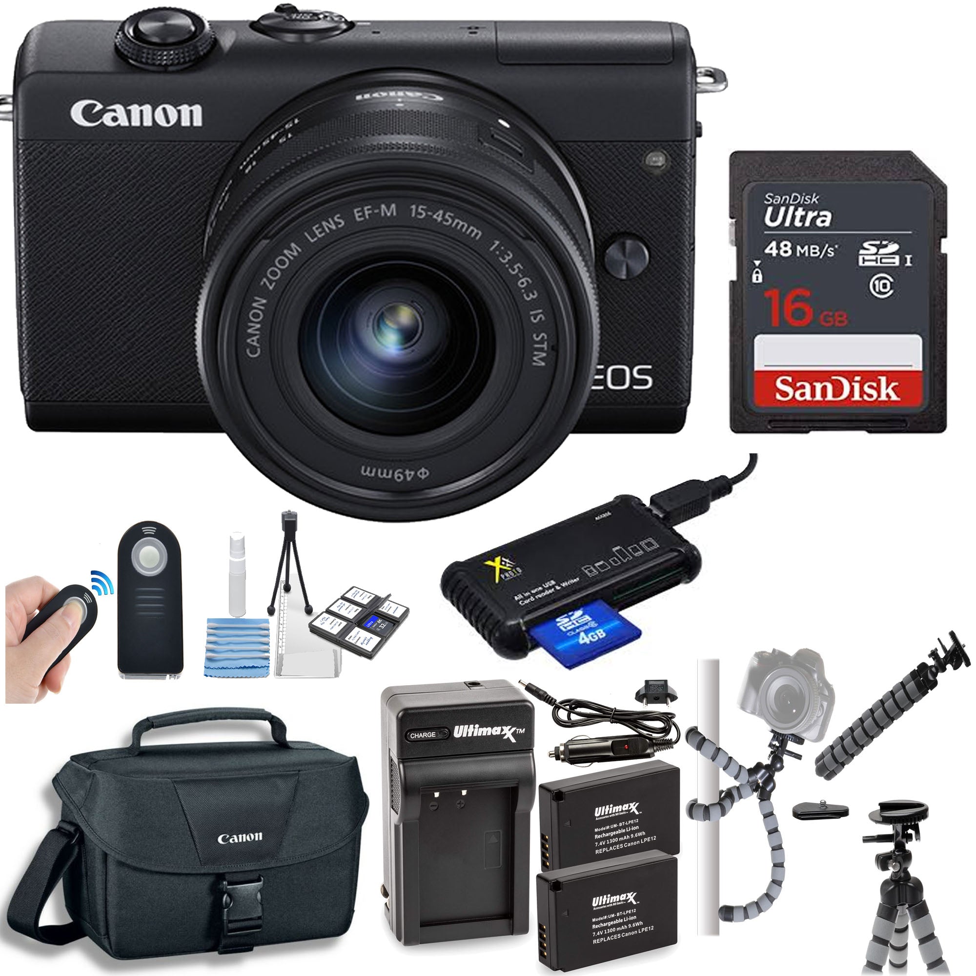 Canon EOS M200 Mirrorless Digital Camera with 15-45mm Lens Kit (Black/White) + SanDisk 16GB SD Card - Perfect for Travel Photography, Vlogging & Everyday Shooting