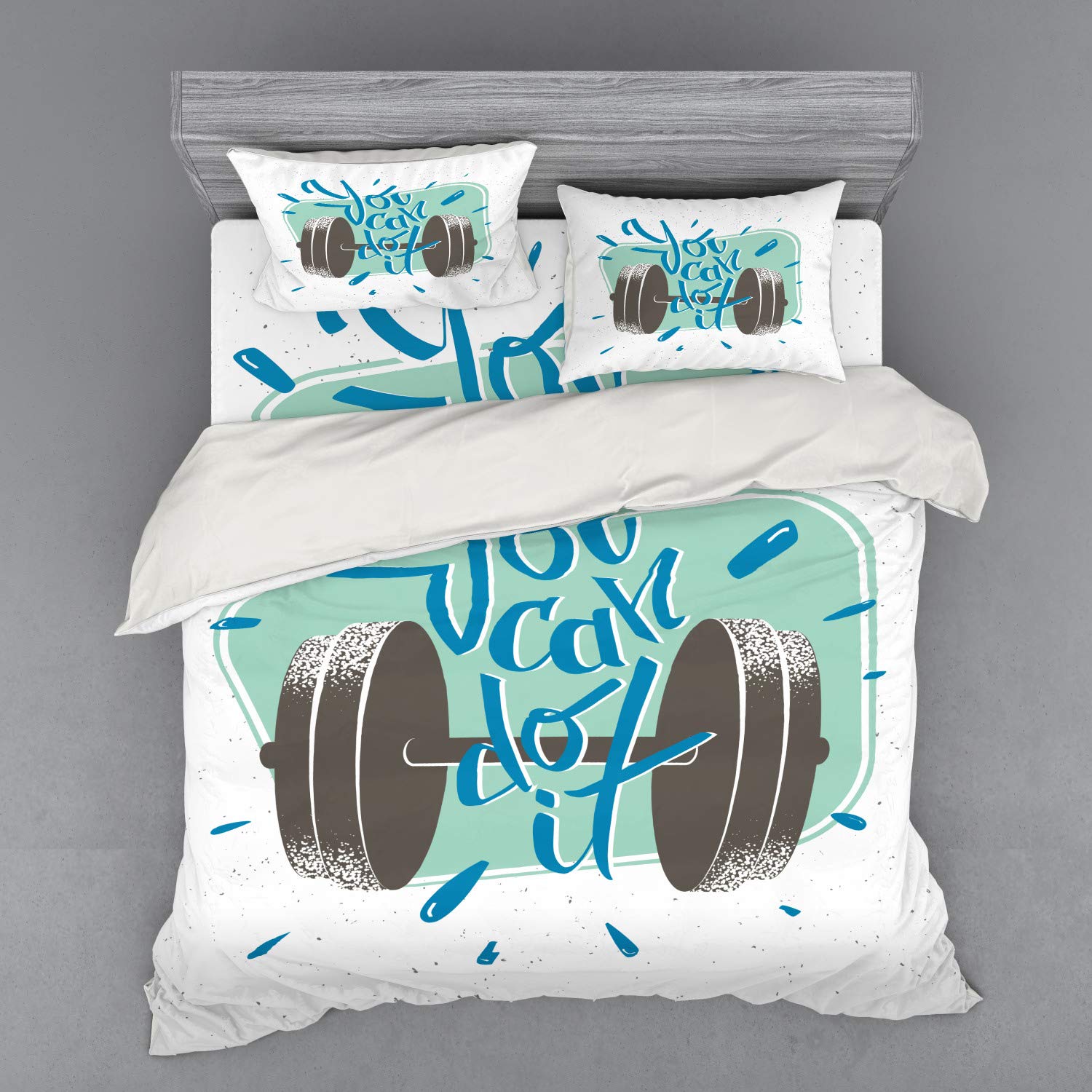 Ambesonne Fitness Duvet Cover Set - 4 Piece King Size with Shams & Fitted Sheet, Retro Dumbbell Design with 'You Can Do It' Motivational Phrase in Grey Almond Green Blue - Perfect for Home Gym Enthusiasts & Fitness Themed Bedrooms