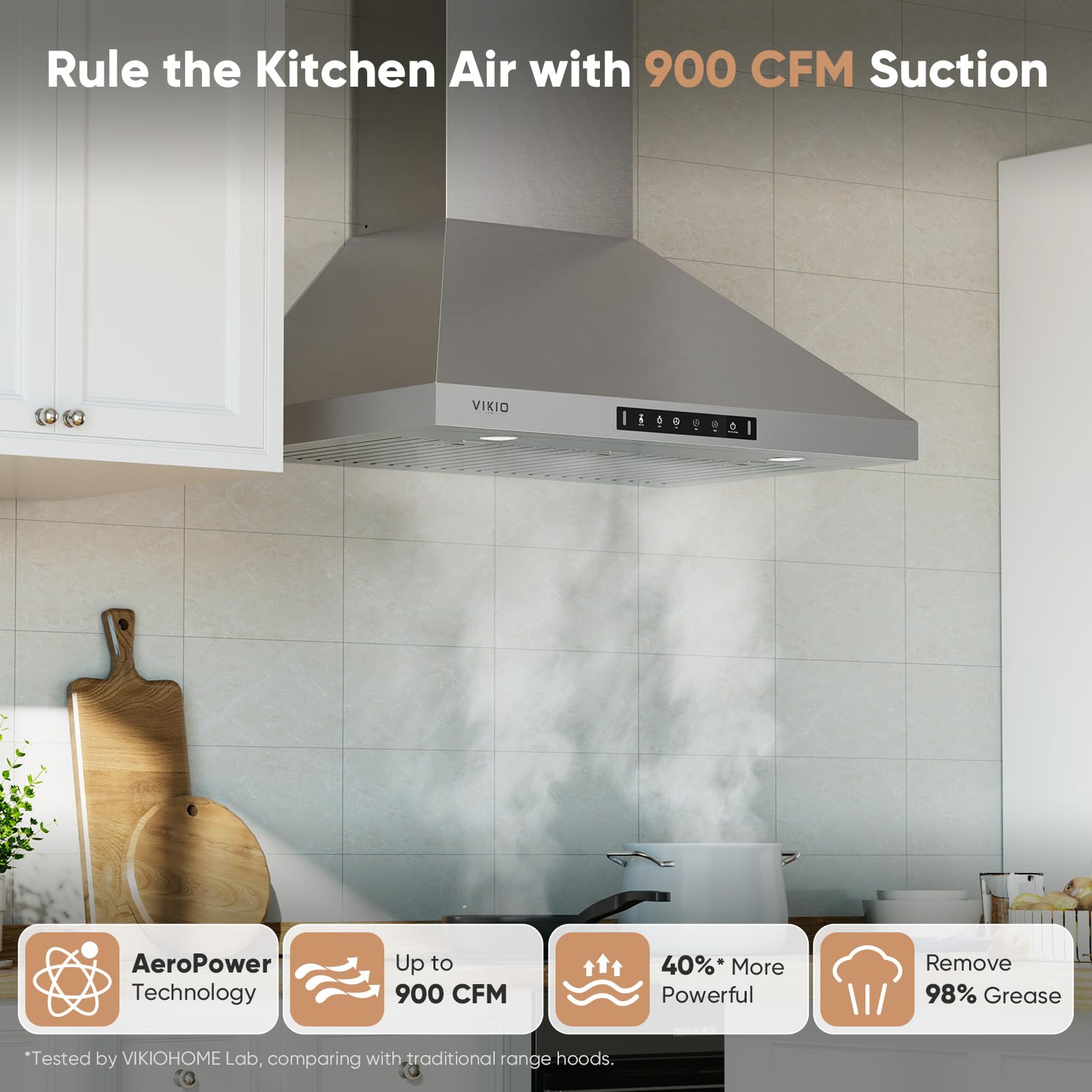 30 Inch Stainless Steel Wall Mount Range Hood - 900 CFM Ductless/Ducted Convertible Kitchen Vent Hood with 3-Speed Gesture & Touch Control, Permanent Baffle Filters - Perfect for Modern Kitchens & Open Concept Homes
