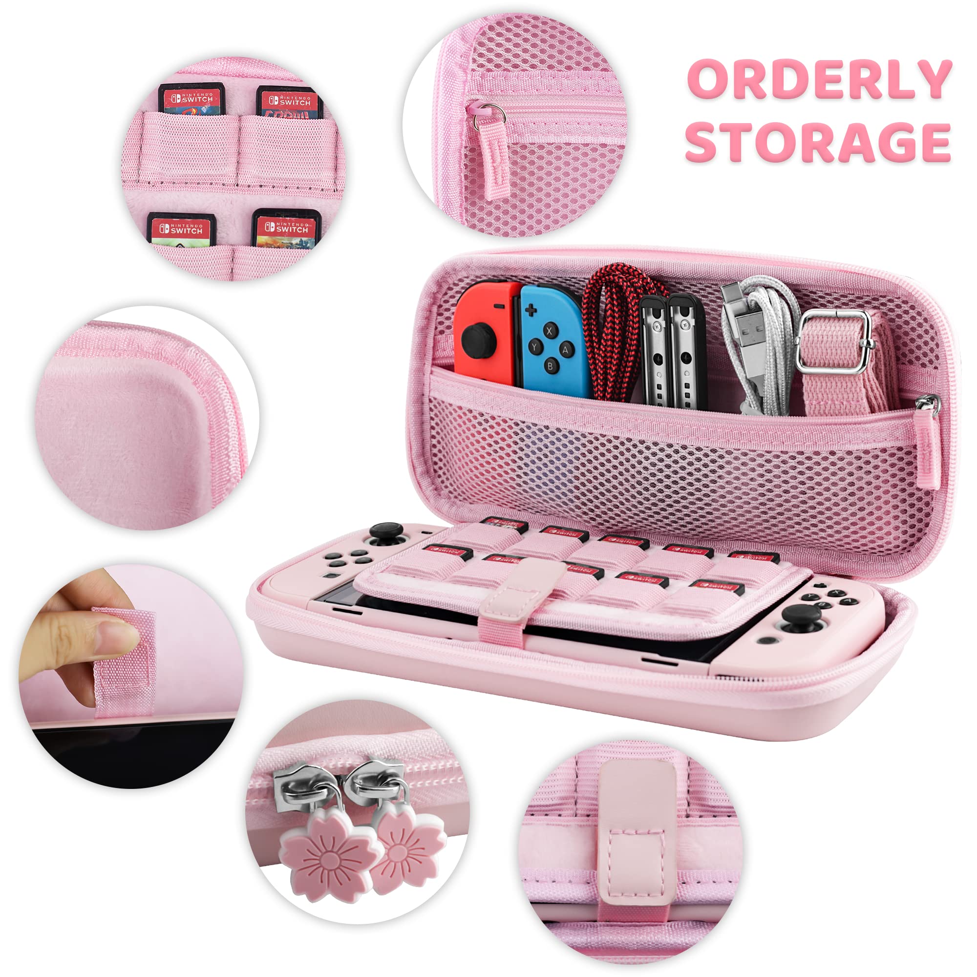 Premium Nintendo Switch OLED Accessories Bundle - Hard Shell Carrying Case with Screen Protector, 4 Thumb Grips & Shoulder Strap for Switch OLED & Joy-Con Controllers (Pink) - Perfect for Travel, Gaming On-The-Go & Console Protection