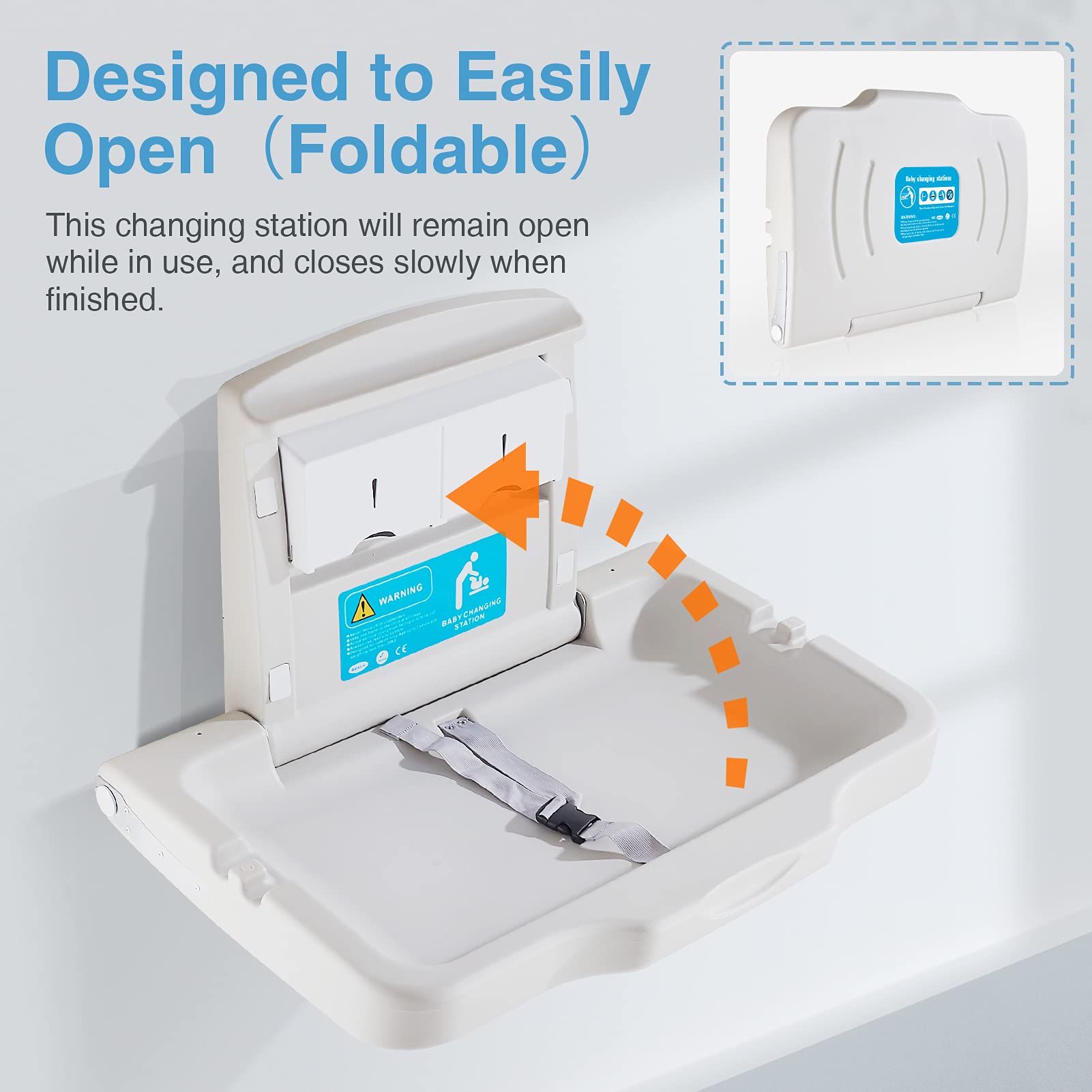 Wall Mounted Baby Changing Station with Safety Strap - Commercial Diaper Changing Table for Public Restrooms & Daycares - ADA Compliant Horizontal Changing Unit with Sign - Perfect for Shopping Malls, Airports & Family Restrooms