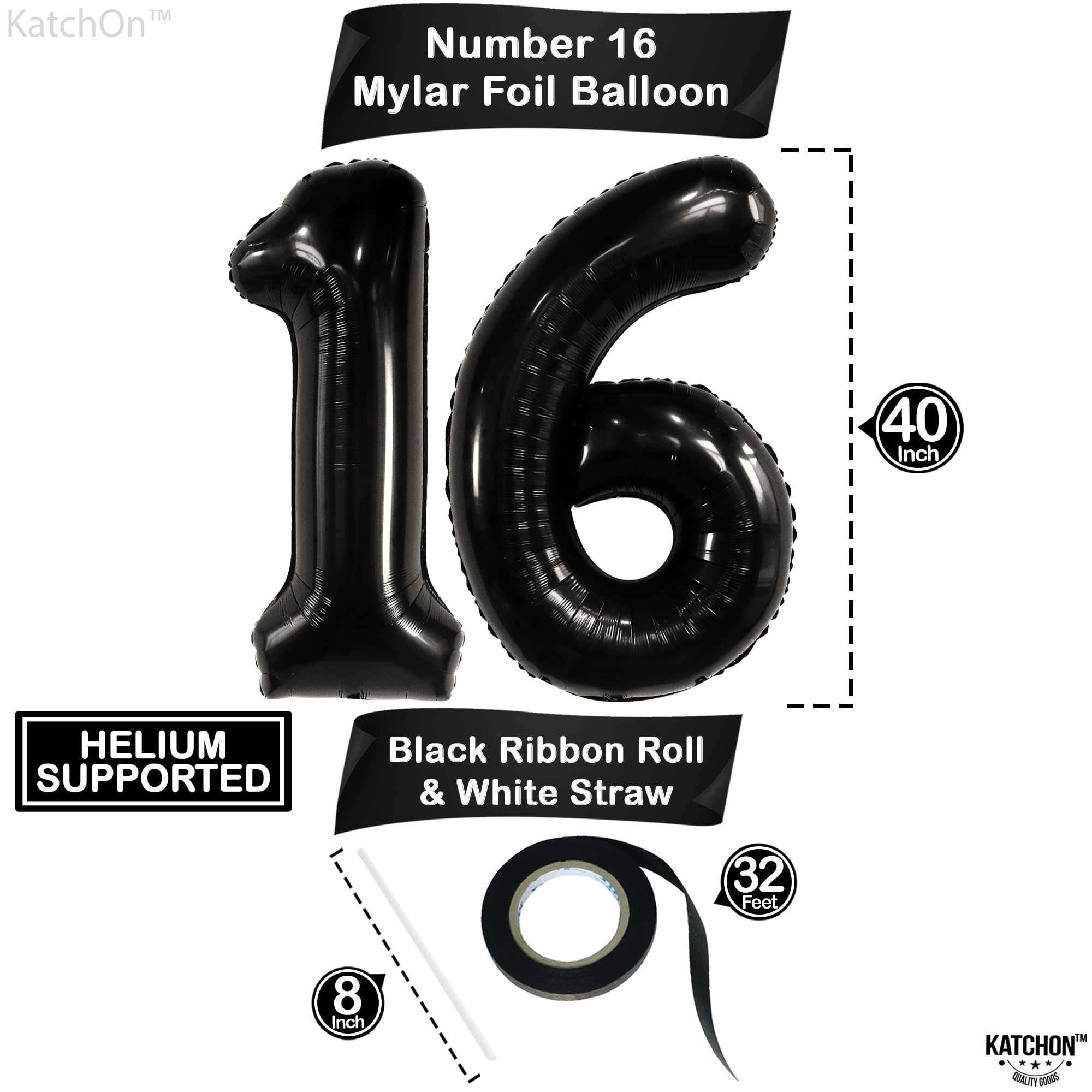 KatchOn 40 Inch Giant Black 16 Balloon Numbers - Sweet 16 Birthday Decorations for Boys & Girls | Large Foil Number Balloons for 16th Birthday Party Decor, Backdrop, Photo Booth & Celebration
