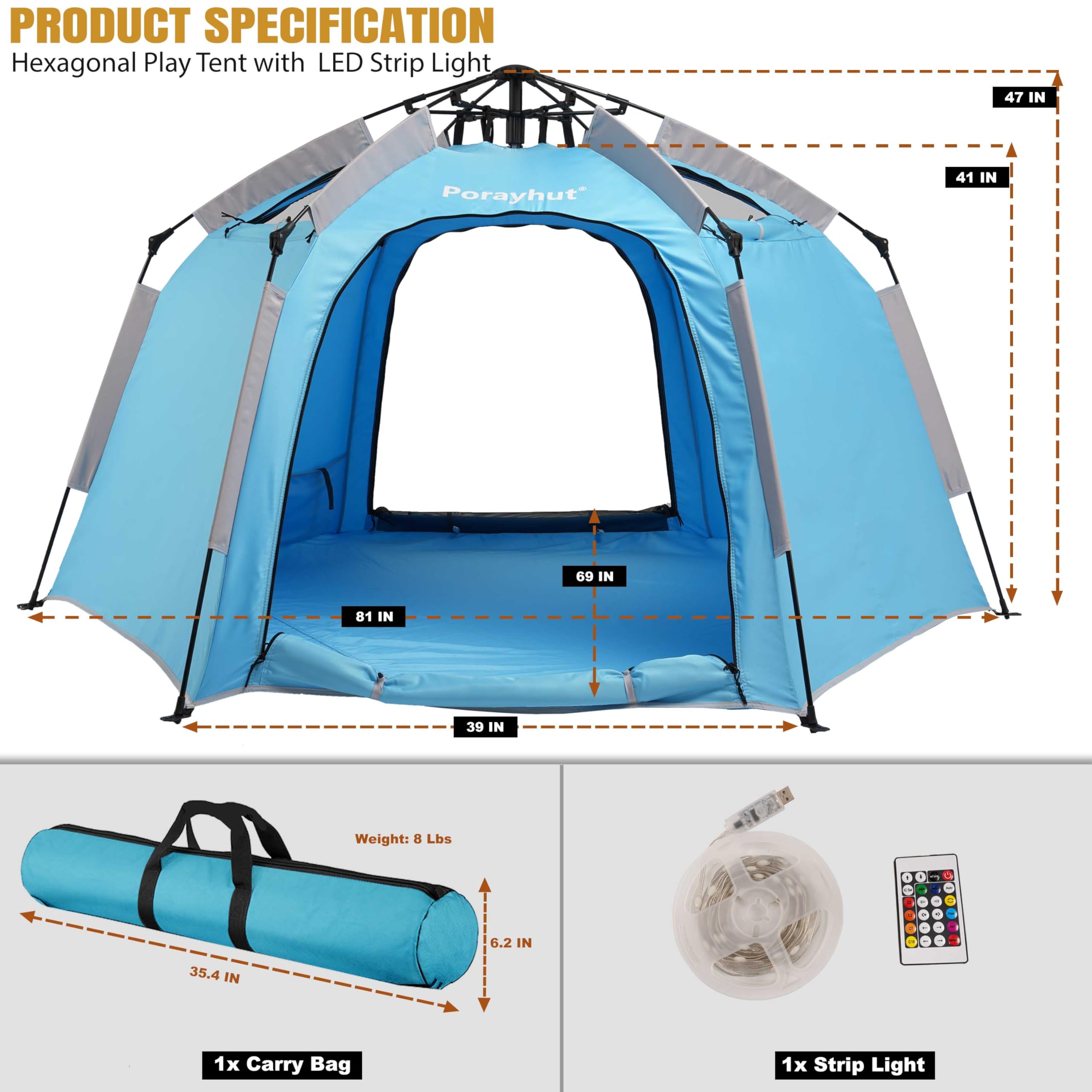 Portable Hexagon Kids Play Tent with LED Strip Lights - Indoor Children Playhouse, Easy Setup Space Tent for 4-5 Kids, Dream Tent for Nighttime Play & Birthday Gifts - Perfect for Bedroom, Nursery, Playroom, and Birthday Parties
