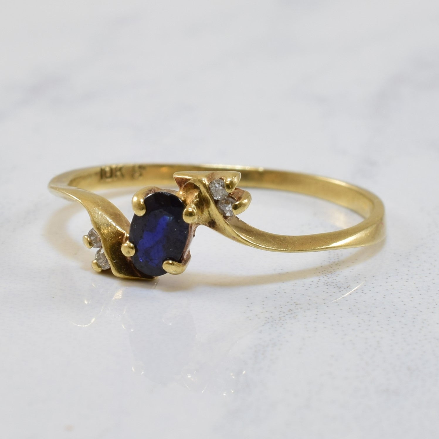 Blue Sapphire & Diamond Bypass Twist Ring - 0.45ct Sapphire & 0.02ctw Diamonds - Size 6.5 - Elegant Wedding, Engagement & Anniversary Jewelry Gift for Women