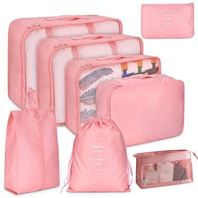 8-Piece Travel Packing Cubes Set - Lightweight Foldable Luggage Storage Organizers for Suitcases (Pink) | Perfect for Business Trips, Vacations & Weekend Getaways