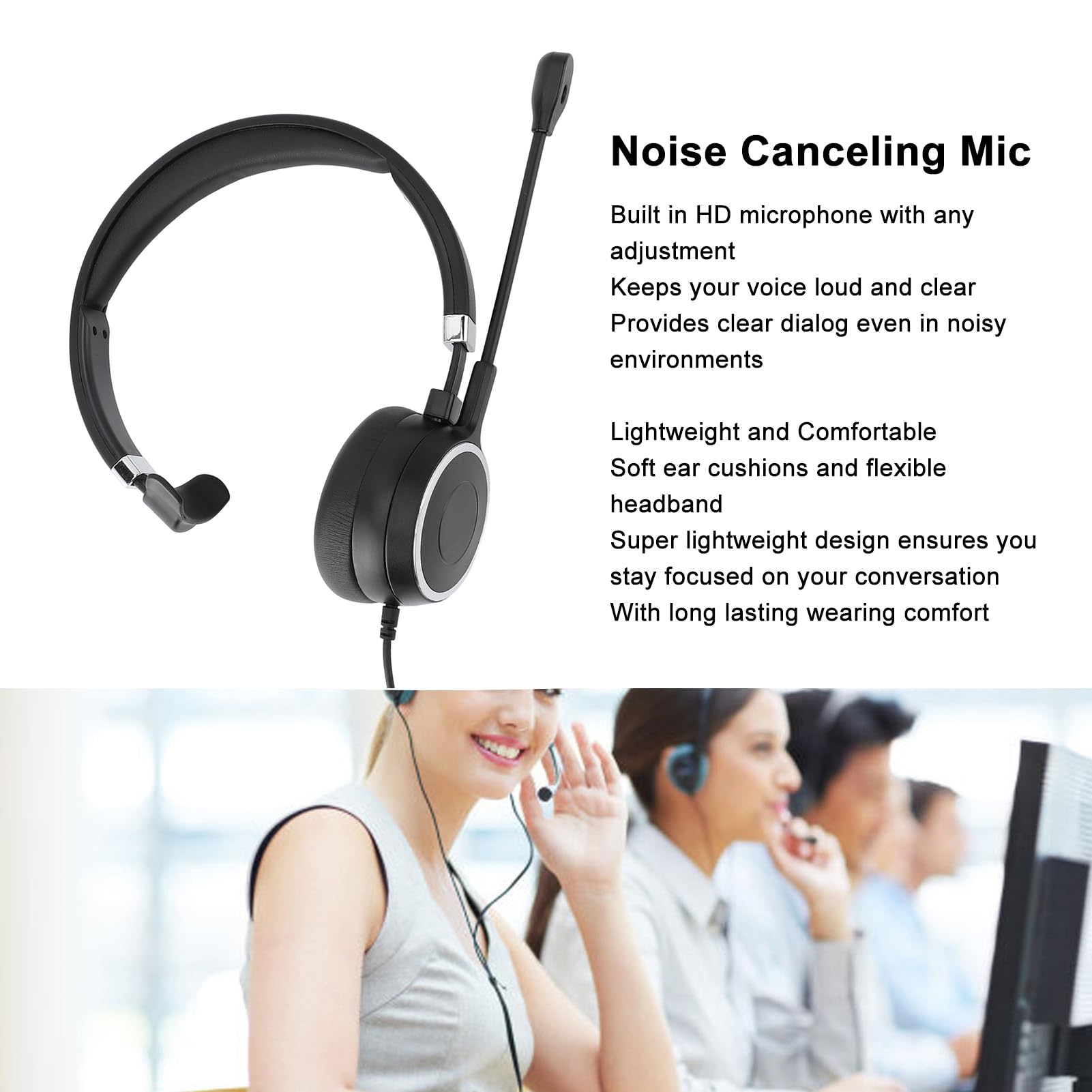 Noise Cancelling Monaural USB Wired Computer Headset with Microphone - USB/3.5mm/USB-C Compatible for Office Calls, Gaming & Remote Work
