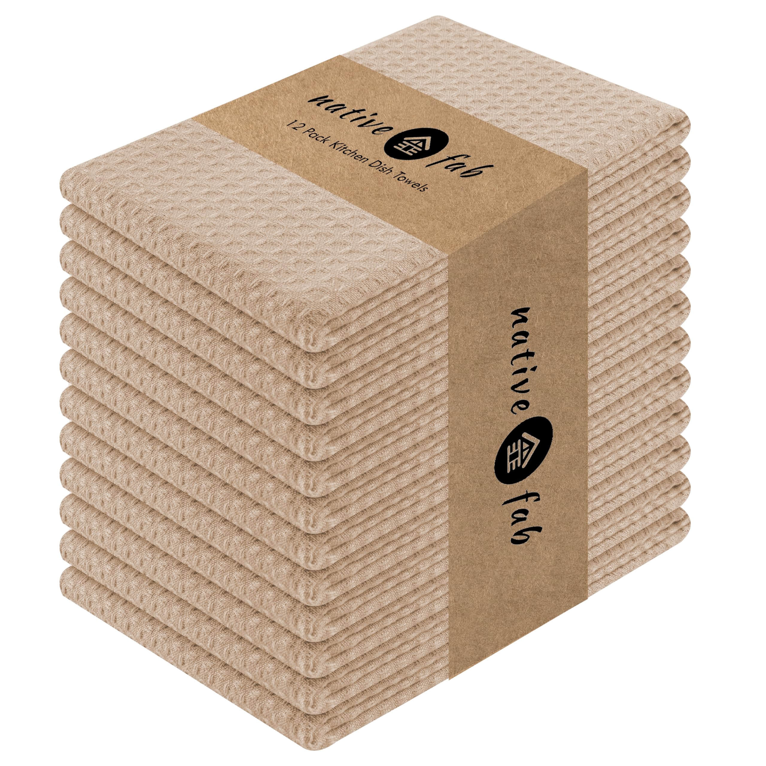 Premium 16x26 Inch Waffle Weave Kitchen Towels - 12-Pack Super Absorbent Cotton Dish Cloths with Hanging Loop | Soft Bar Towels & Washcloths for Cleaning, Drying Dishes & Countertops | Beige Home Essentials