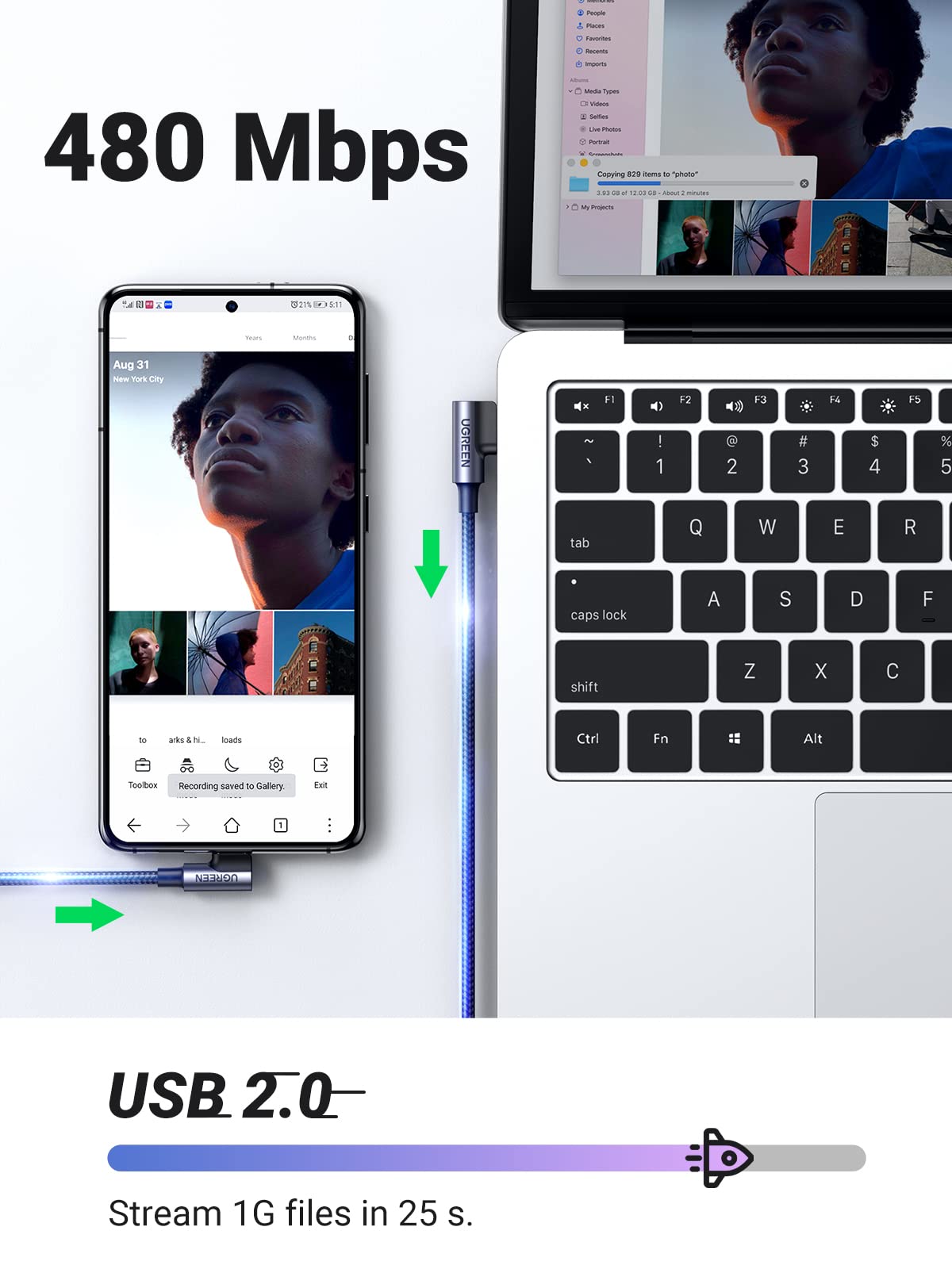 UGREEN 90 Degree Right Angle USB to USB C Cable 3A Fast Charging Cord (2M/6.6ft) - Compatible with iPhone 16/15 Pro Max, Galaxy S24/S23 Ultra, Pixel 7/6, Redmi Note 11, Huawei P60/P50 Pro - Perfect for Gaming, Car Charging & Bedside Use