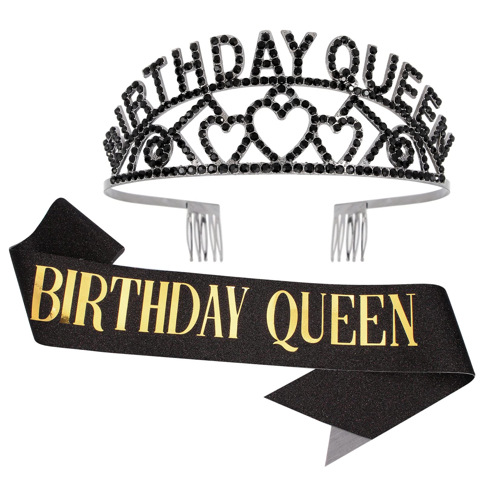 CAVETEE Black Birthday Queen Rhinestone Tiara & Sash Set - Sparkling Birthday Party Crown & Decorations for Women | Perfect for Bachelorette Parties, Birthday Celebrations & Special Occasions