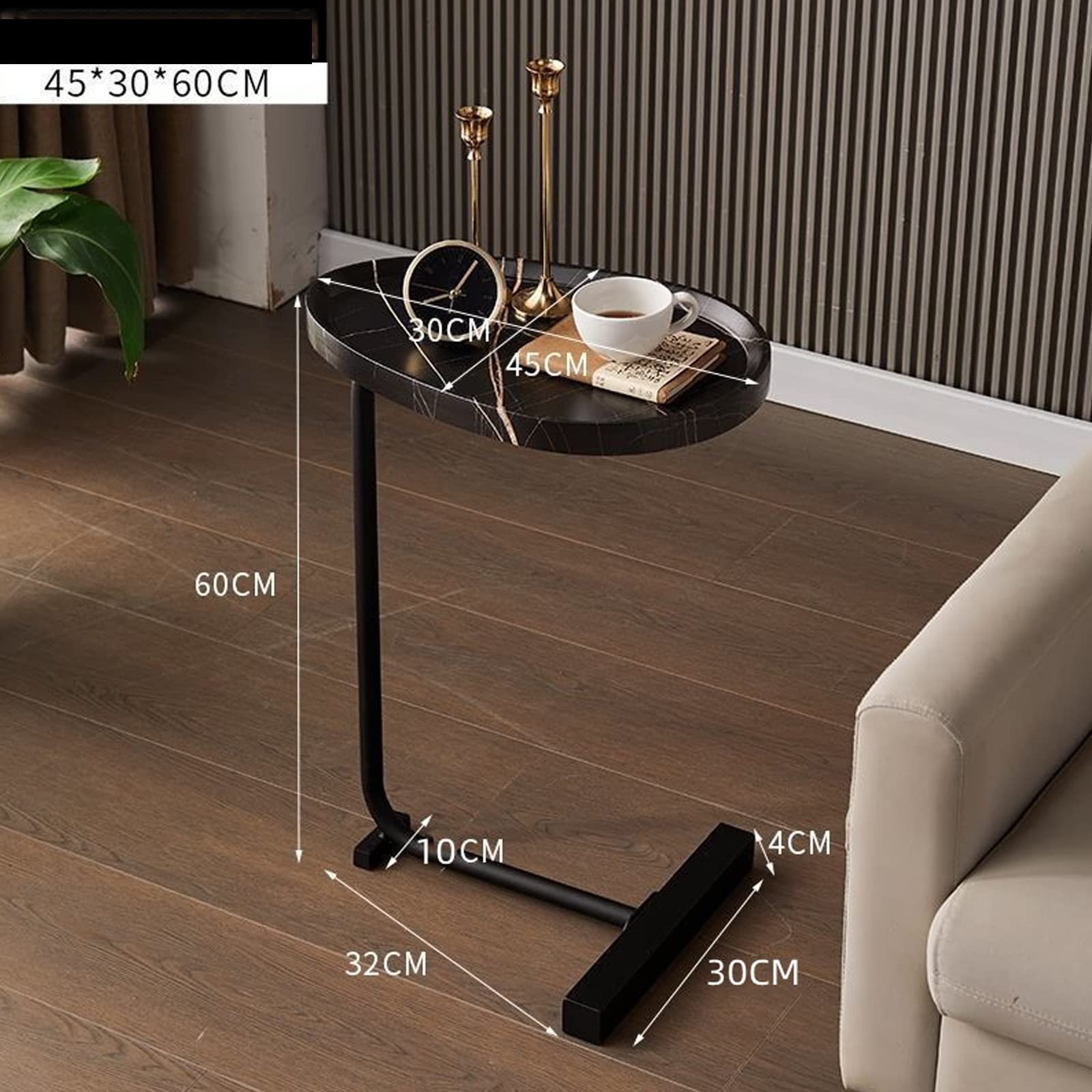Modern Small Oval Coffee Table - C-Shaped End Table for Sofa, Living Room, Bedroom & Office - Multi-Functional Laptop Desk & Dining Side Table (45x30x60cm, Black) - Perfect for Small Spaces, Balcony & Home Decor
