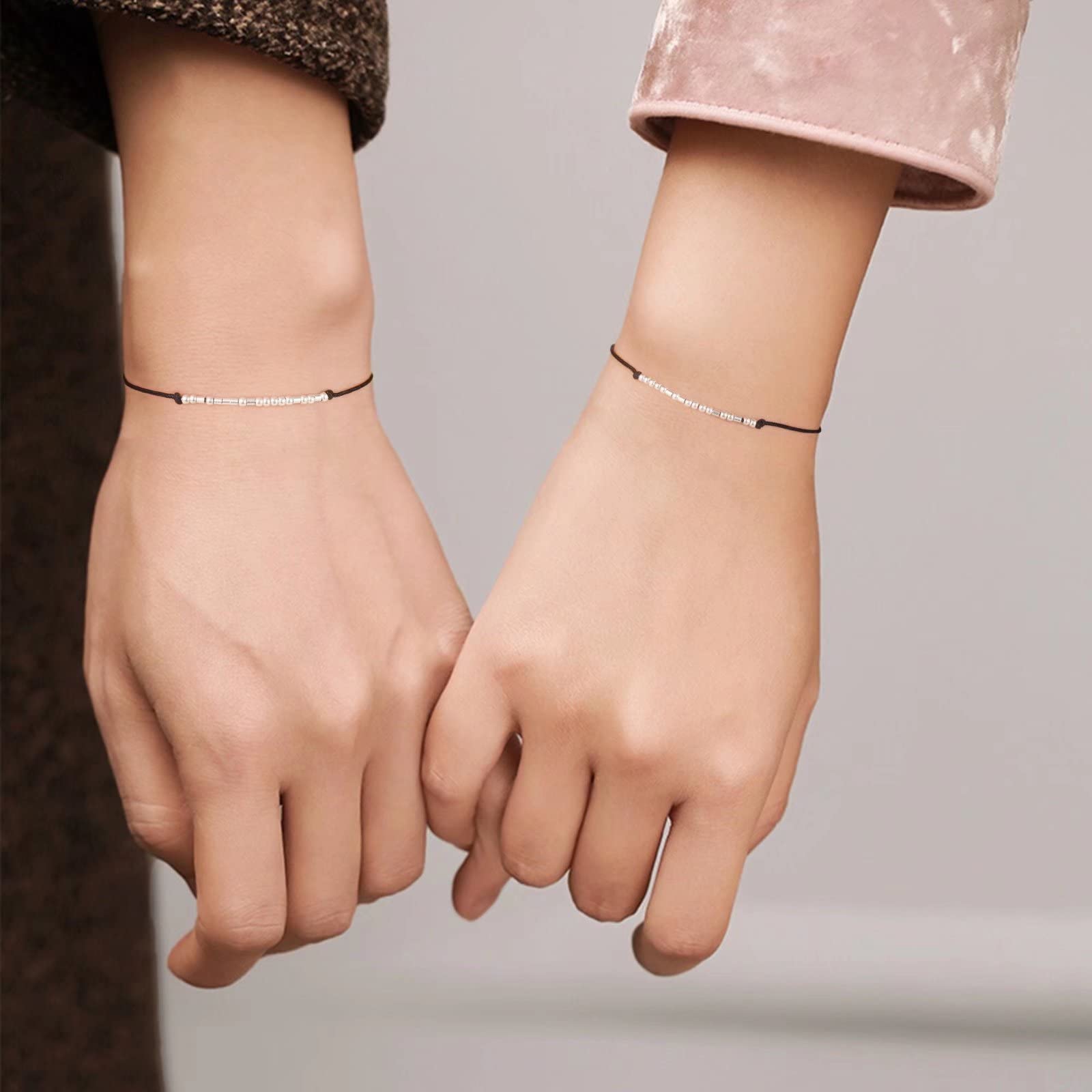 Sterling Silver Morse Code Bracelets for Women - 2pcs Pinky Promise Couple Matching Friendship Bracelets, Inspirational Birthday Gift for Her, Sister, Best Friend | Perfect for Anniversaries, Valentine's Day & Everyday Wear