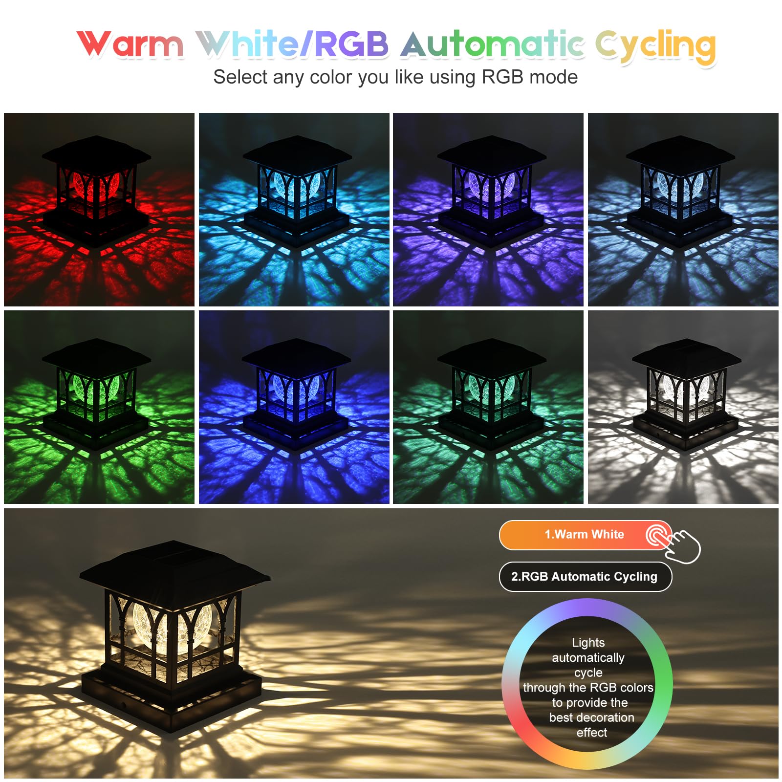 Solar Post Cap Lights - 12 Pack Black Crackle Glass Fence Lights, 20 Lumens Warm White & RGB Auto Color Changing, Waterproof for 3.6x3.6 to 5x5 Wood/Vinyl Posts - Perfect for Patio, Garden, Deck & Pathway Lighting