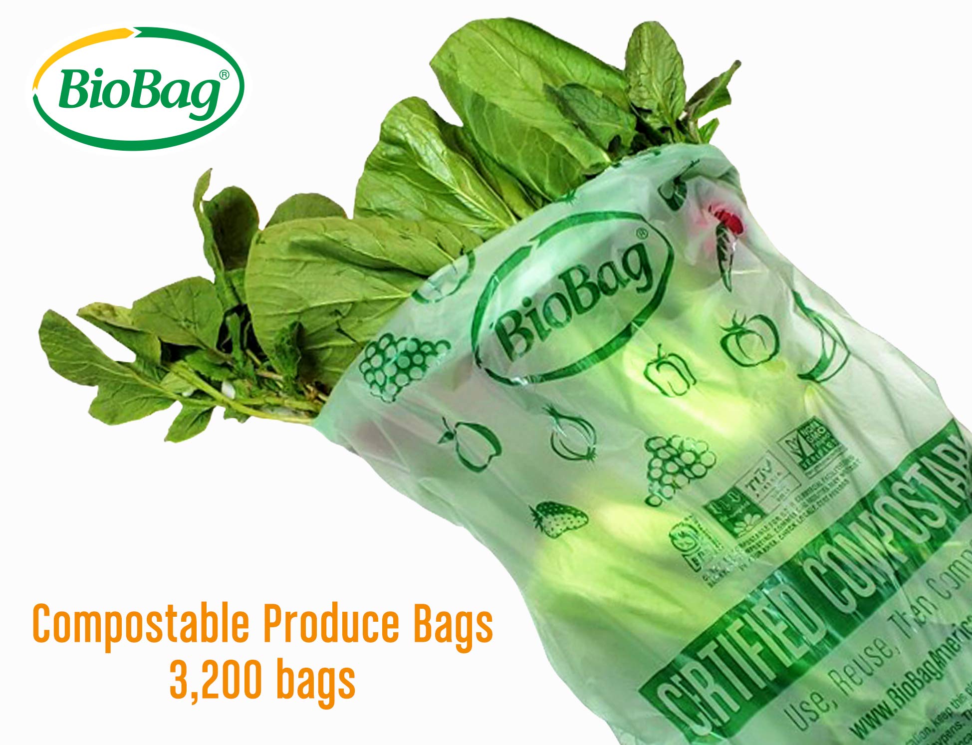 BioBag Green Compostable Produce Bags 11x17 Inches - 3,200 Count Case | Eco-Friendly, USDA Certified Biodegradable Food Storage Bags | Perfect for Grocery Shopping, Farmers Markets & Kitchen Waste Disposal (Made in USA)
