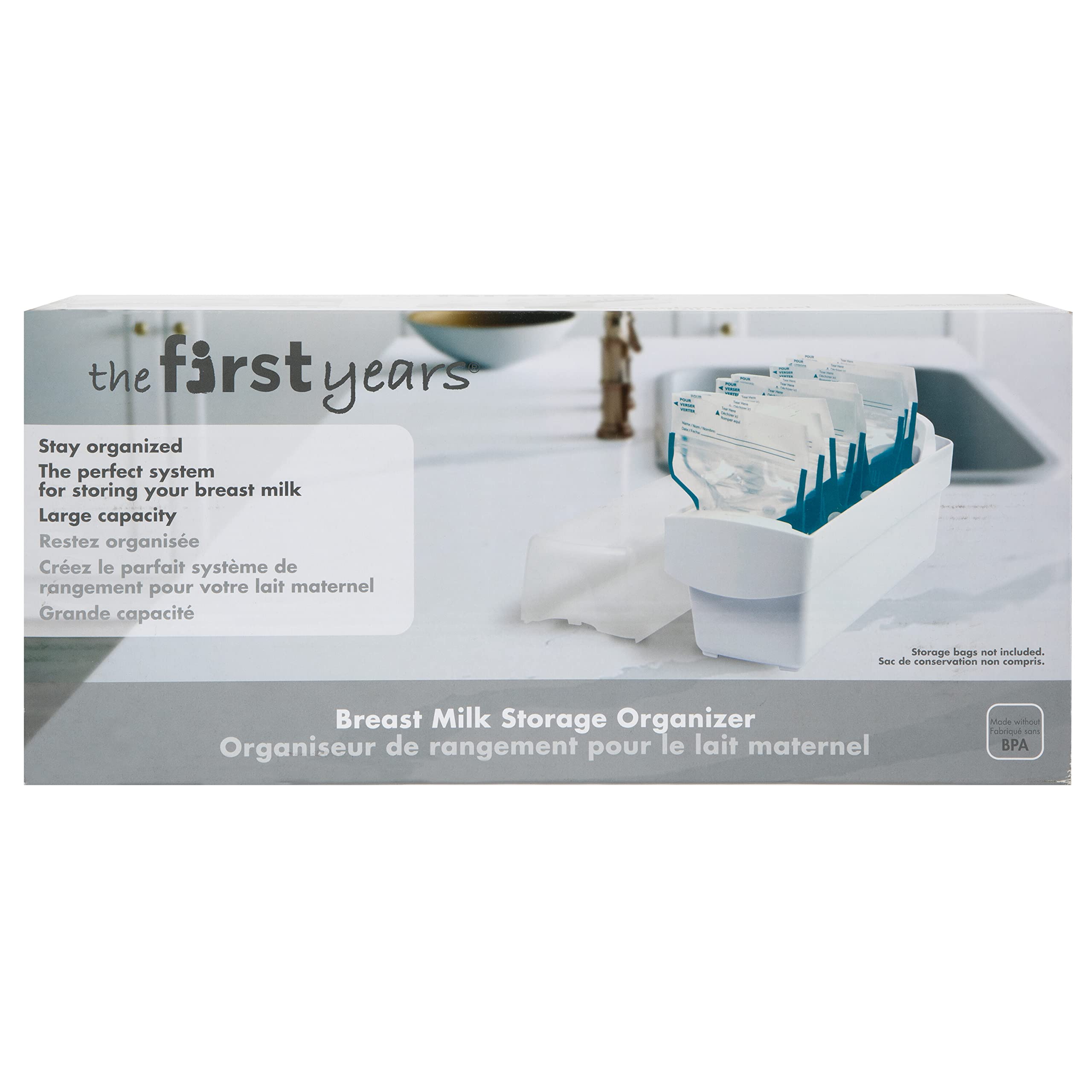 The First Years Breastflow Breast Milk Freezer Storage Organizer - Holds 10 Breast Milk Bags for Refrigerator & Freezer - Perfect for Breastfeeding Moms - Ideal for Organizing Pumped Milk at Home or Work
