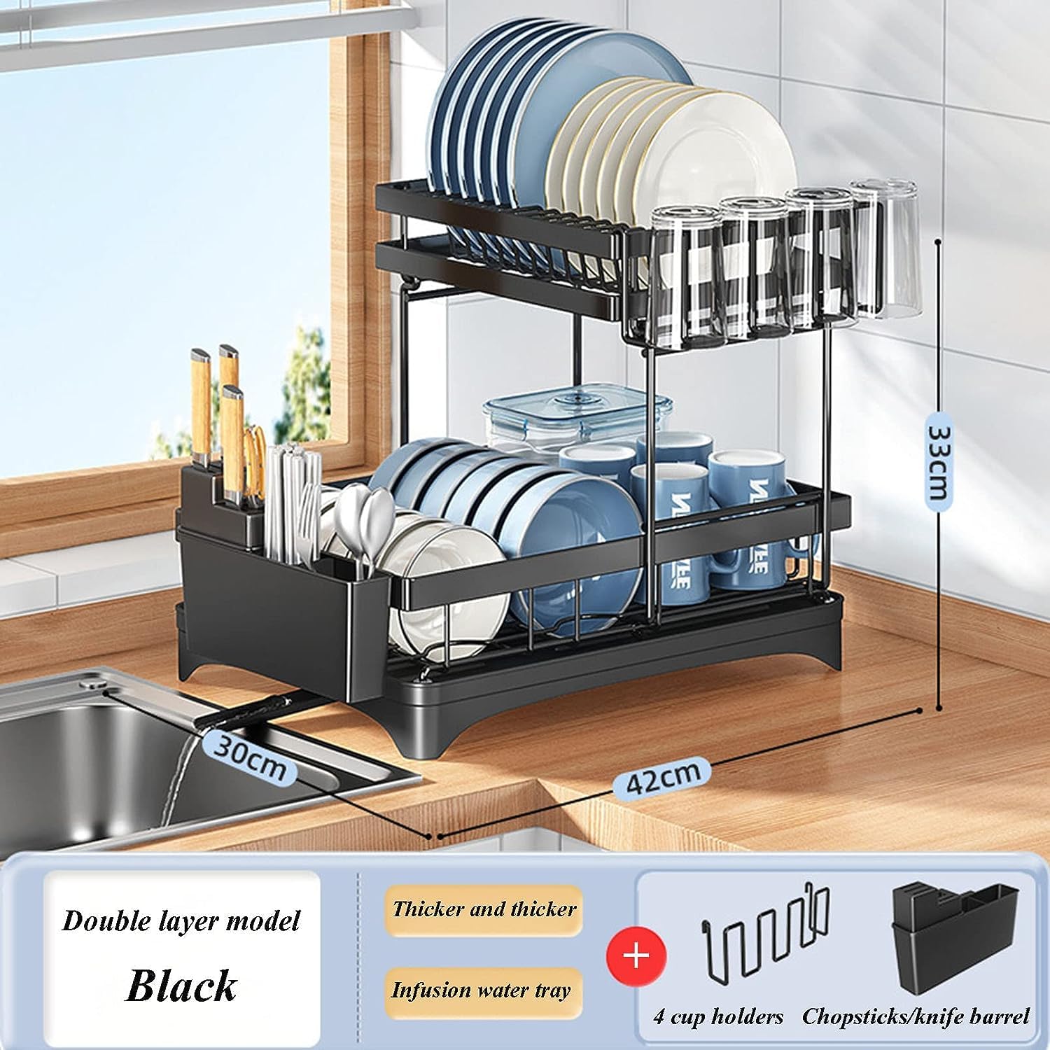 2-Tier Large Dish Drying Rack for Kitchen Counter with Utensil Holder & Drainboard - Space Saving Dish Drainer with Cup Holders - Perfect for Small Kitchens, Apartments & RVs - Black