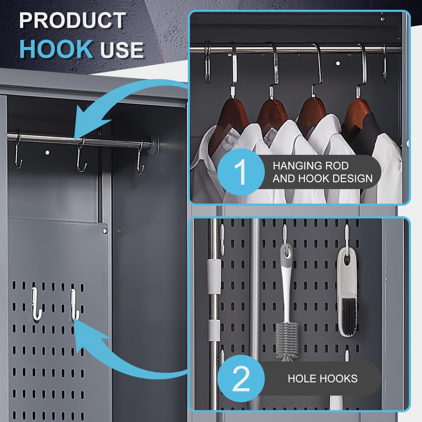 GREATMEET 65 Inch Broom Storage Cabinet with Hanging Rod - Metal Cleaning Supply Organizer for Garage, Utility Room & Laundry - Space Saving Grey Mop Holder for Brooms, Dustpans & Cleaning Tools
