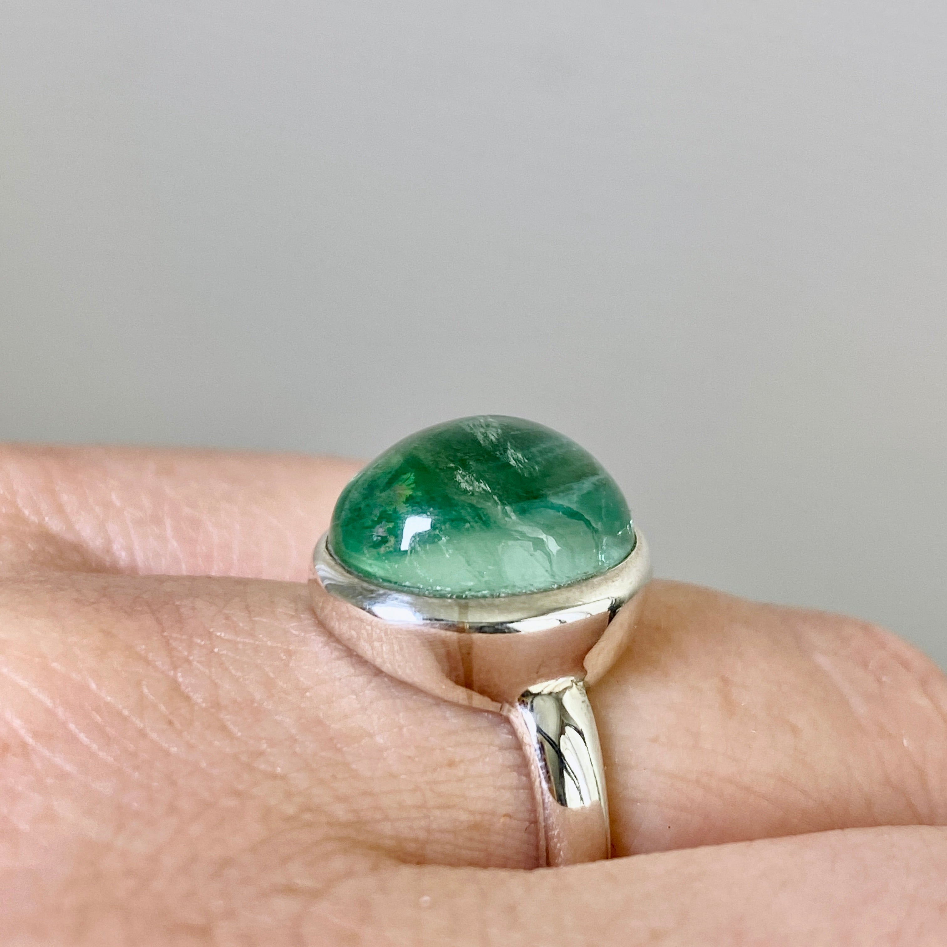 Natural Fluorite Oval Cabochon Ring - Size 5.5 - Handmade Sterling Silver Jewelry - Perfect for Meditation & Energy Healing