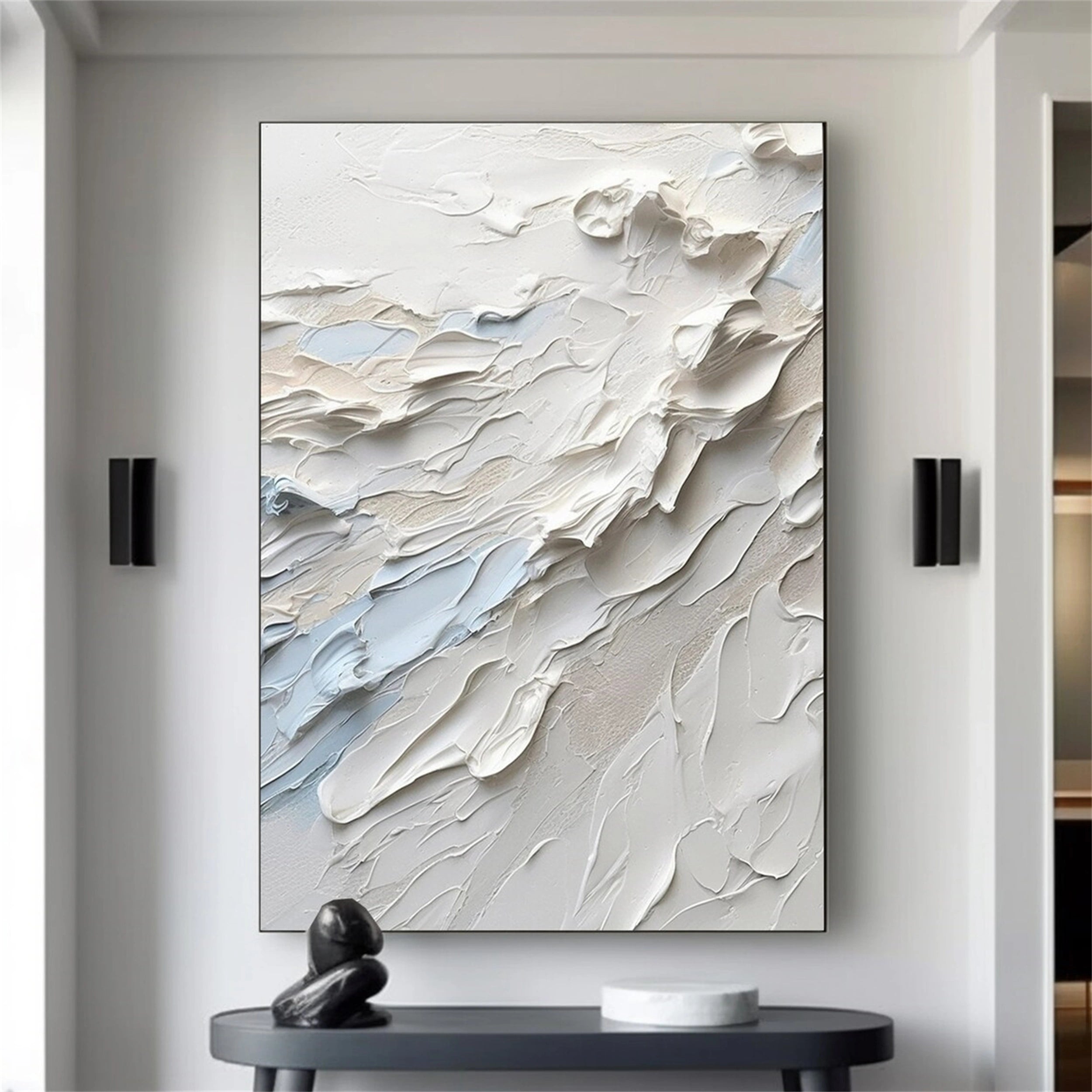 White Minimalist Textured Painting Canvas - Modern Abstract Wall Art for Living Room & Bedroom Decor #MM154 | Premium Stretched Canvas for Home & Office