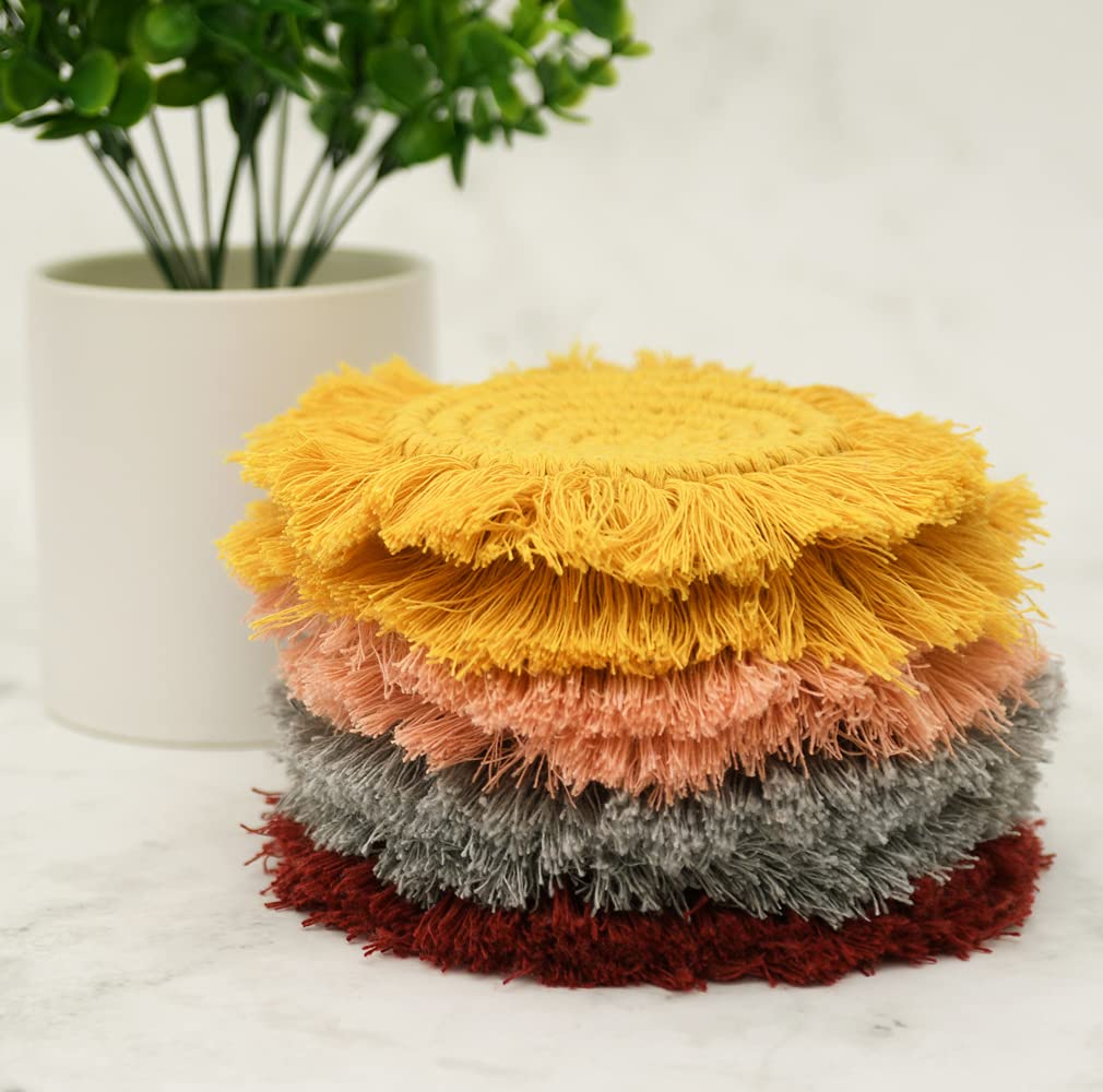 Handmade Macrame Drink Coasters Set of 4 - Natural Cotton Boho Home Decor for Wooden Tables - Perfect Housewarming Gift & Coffee Cup Protectors for New Home, Kitchen, or Office Use