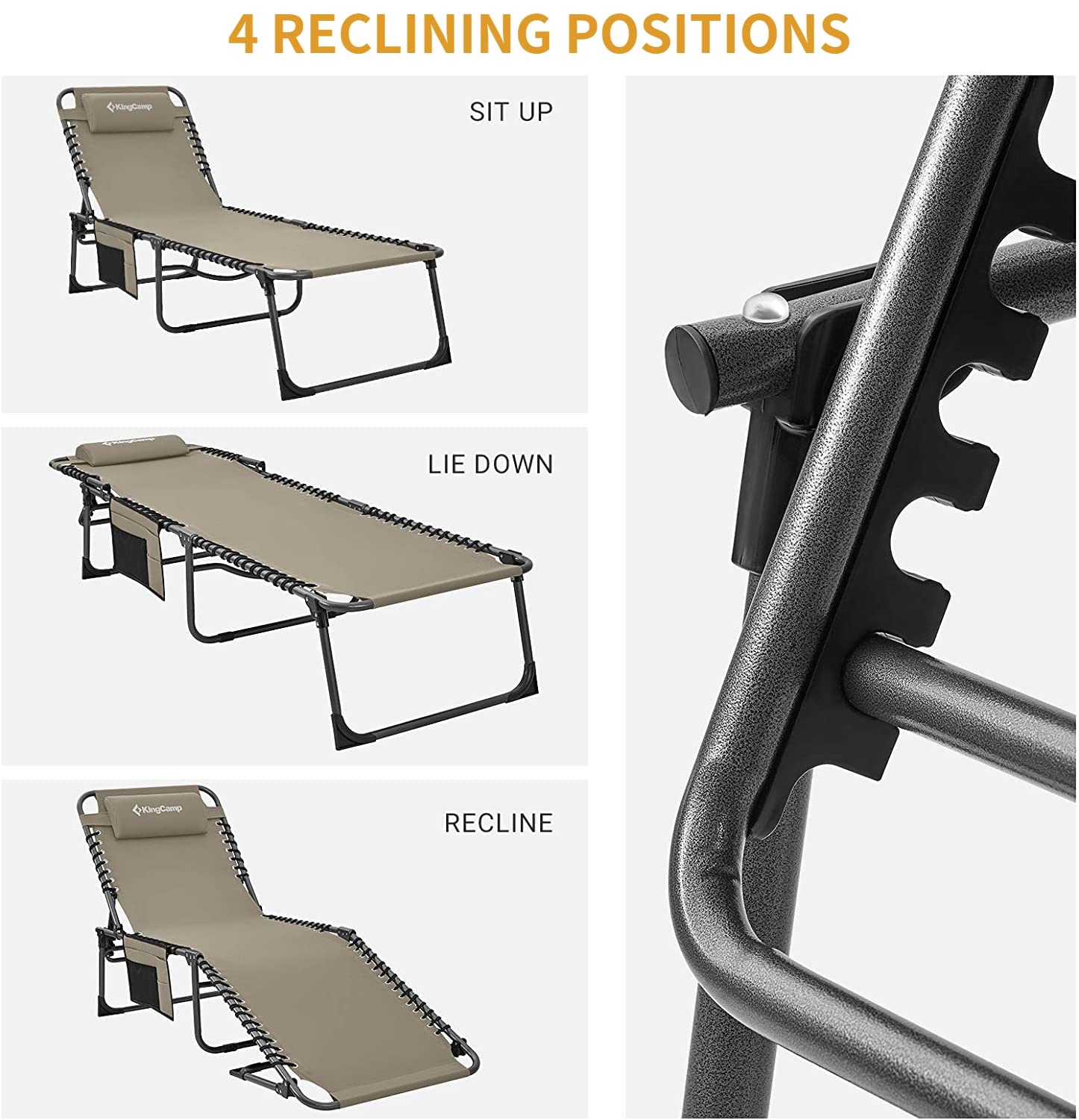 KingCamp Foldable Chaise Lounge Chair - Heavy Duty Portable Outdoor Sun Chair for Camping, Beach, Pool, Garden & Patio - Adjustable Recliner with Pillow, Lightweight for Easy Transport - Perfect for Sunbathing, Relaxing in Backyard or Travel