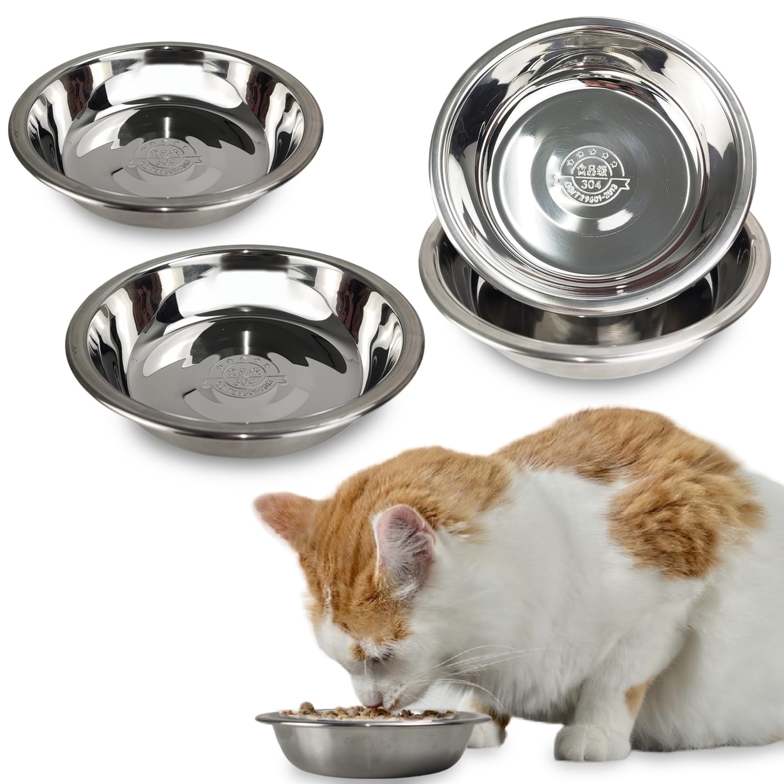 4 Pack Stainless Steel Cat Bowls - 5.5 Inch Elevated Pet Food Dishes for Indoor Cats, Anti-Whisker Fatigue Shallow Bowls with Non-Slip Base - Perfect for Kittens, Adult Cats & Multiple Cat Households - Ideal for Dry/Wet Food & Water Feeding Station