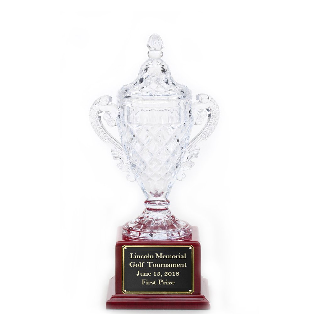 Custom Engravable Lead Crystal Trophy Cup with Rosewood Base - 15.5 Inch Achievement Award for Corporate Recognition, Sports Awards & Graduation Gifts