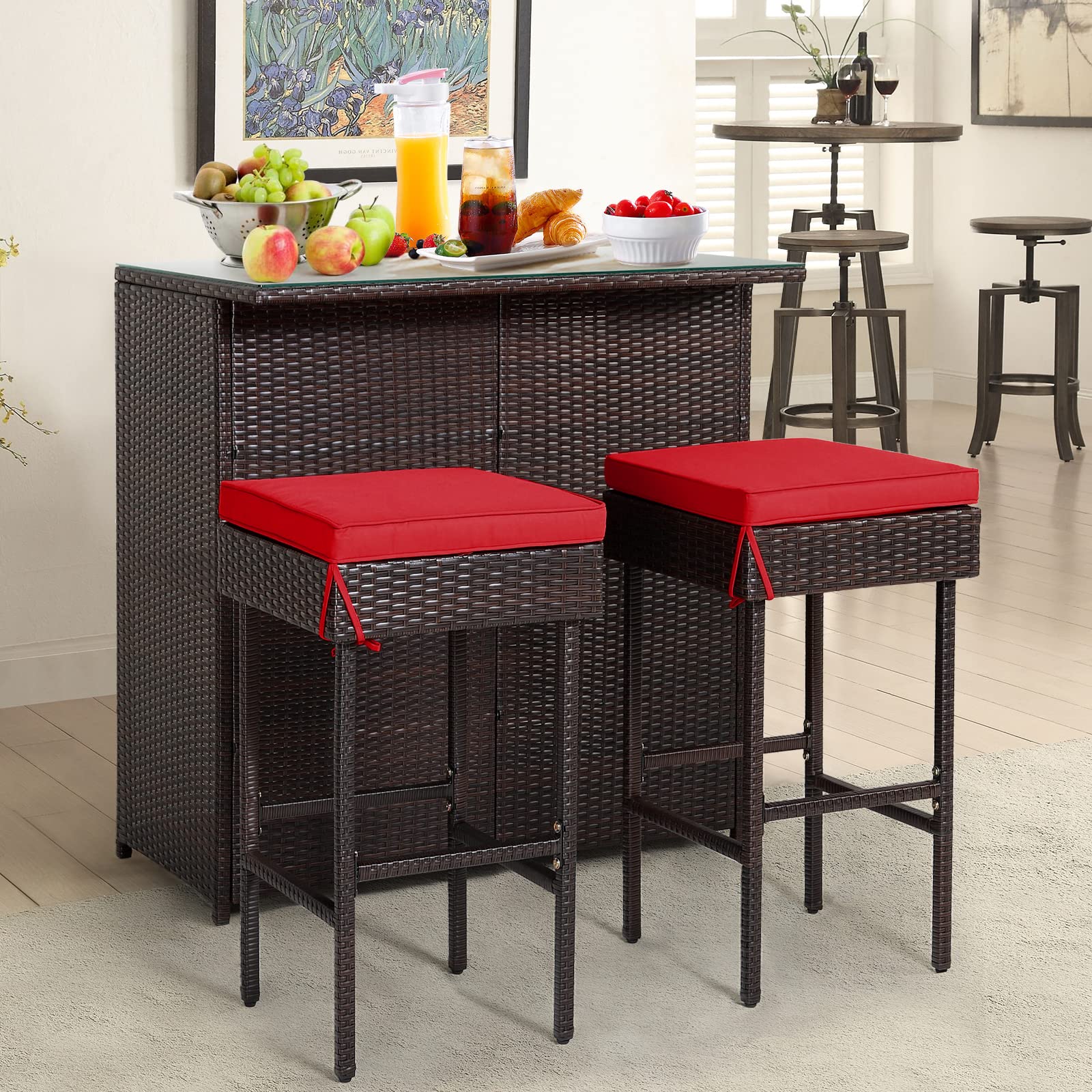 RELAX4FLIE 3-Piece Outdoor Bar Set - Patio Wicker Bar Height Table with 2 Cushioned Stools, 2 Open Shelves & Tempered Glass Table Top - Rattan Bar Table Set for Poolside, Garden, Backyard & Outdoor Entertaining (Red)